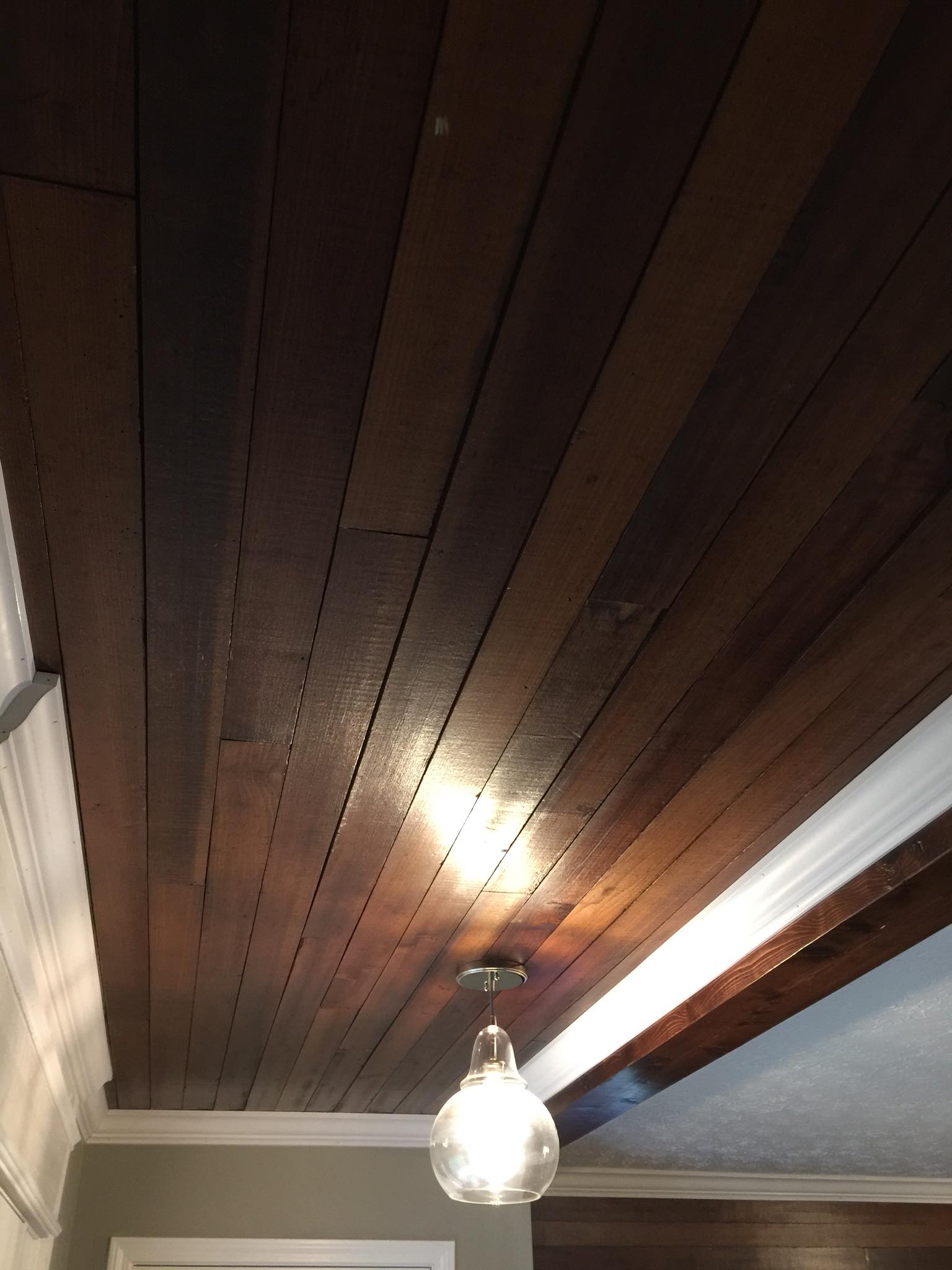 1900s Reclaimed Wood Planks installed on Ceiling and Stained 2
