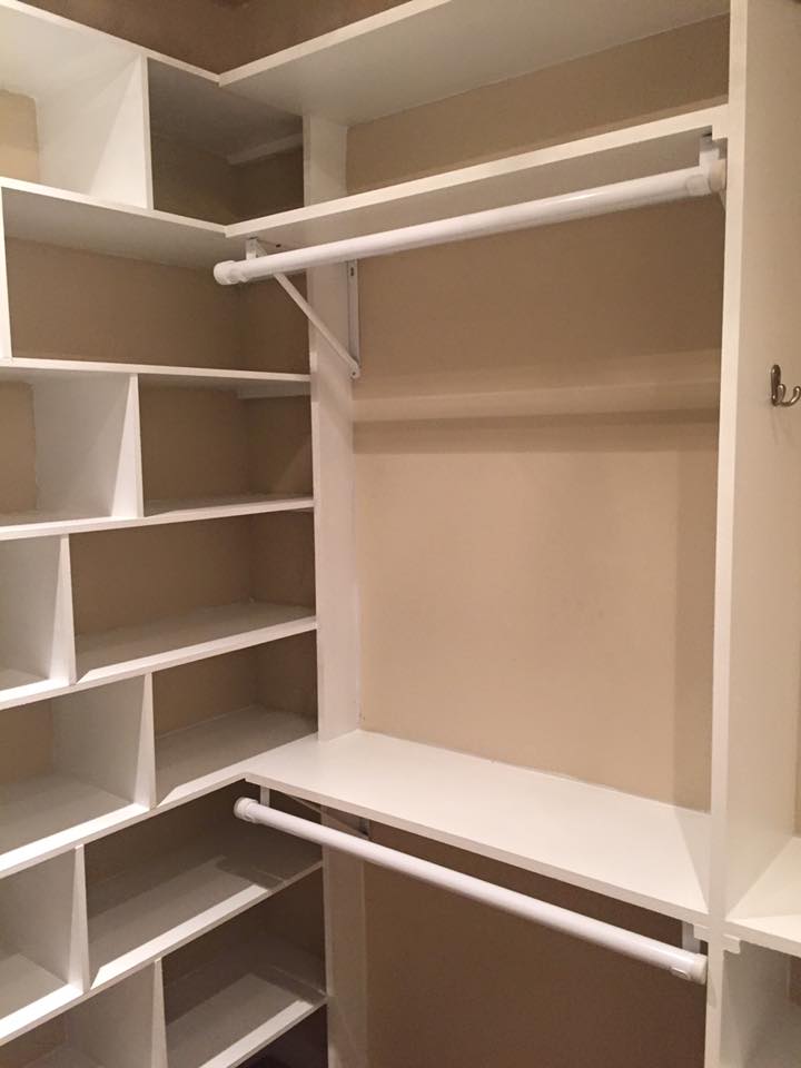 Image of Custom Closet with Built in Shelves Slots and hanger Side View