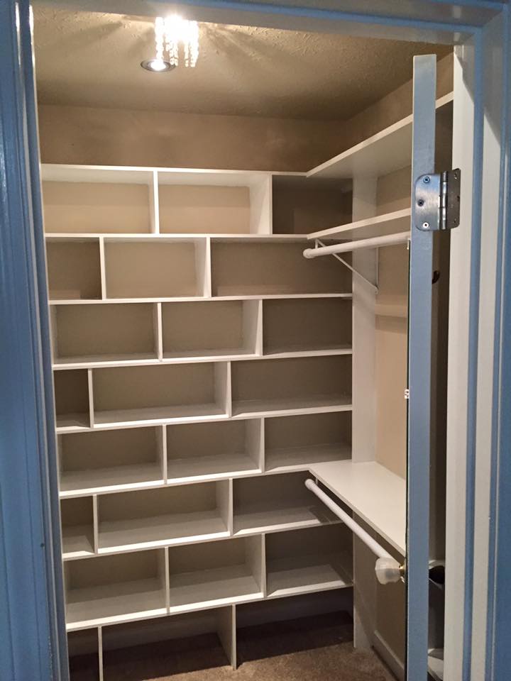 Image of Custom Closet with Built in Shelves Slots and hanger Outer View