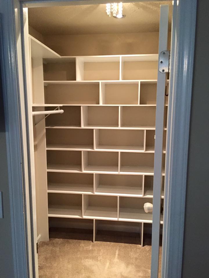 Image of Custom Closet with Built in Shelves Slots and hanger Outer View 2