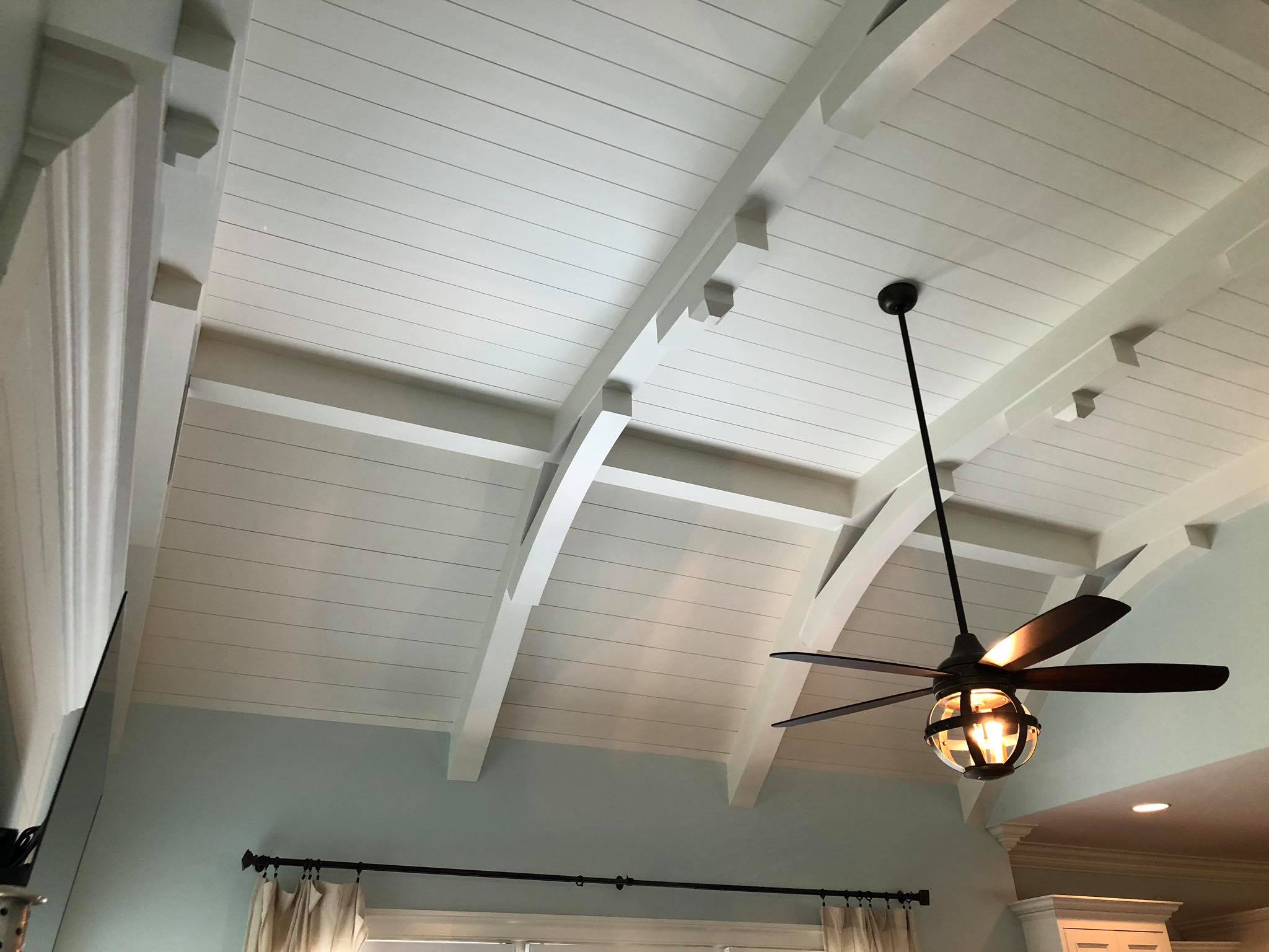 Amazing Ceiling with Multiple Beams and Shiplap Installed Painted White 8