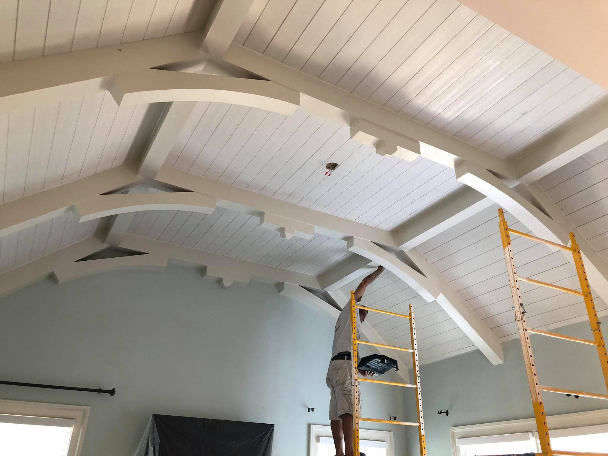 Amazing Ceiling with Multiple Beams and Shiplap Installed Painted White 6