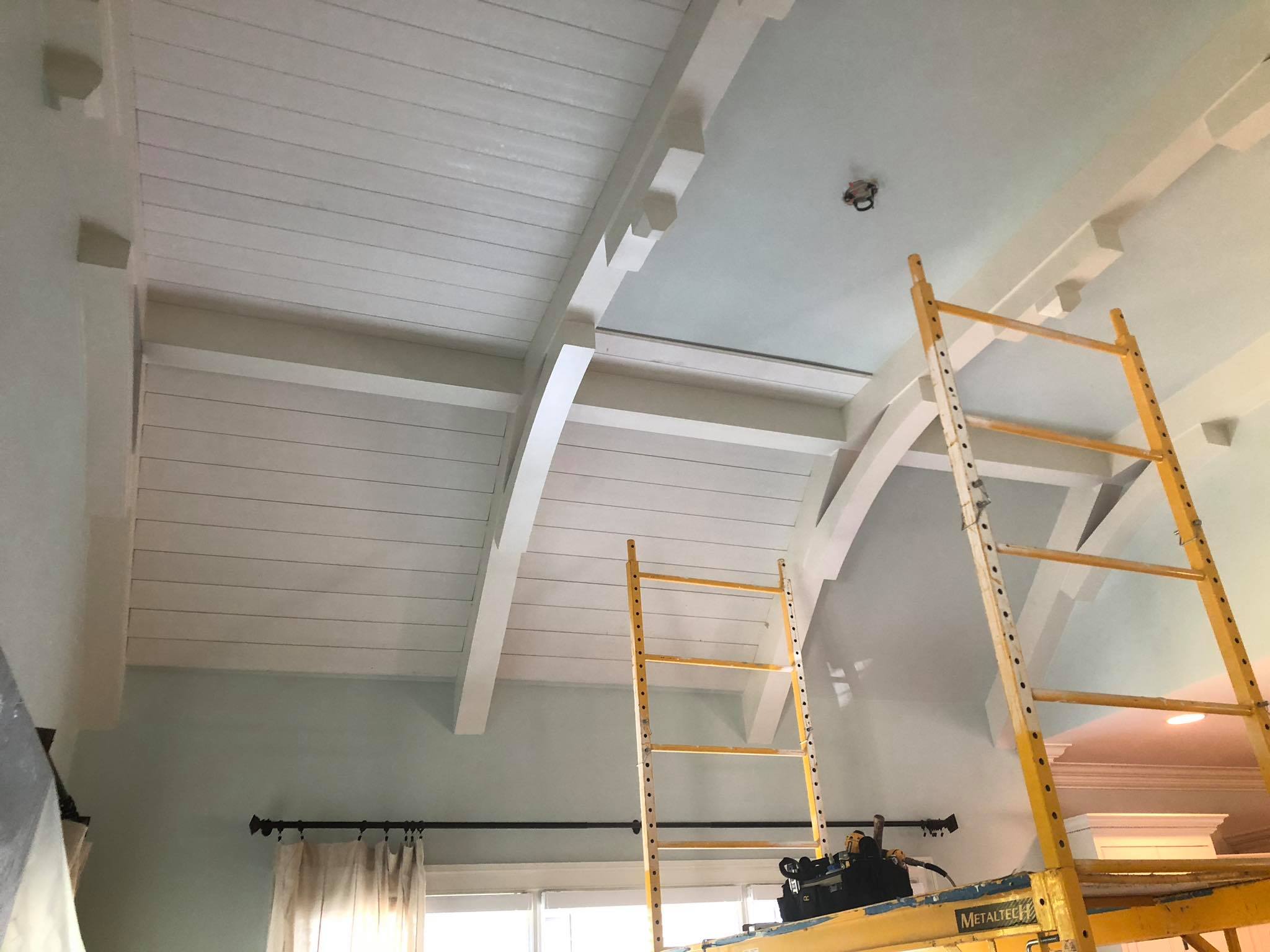 Amazing Ceiling with Multiple Beams and Shiplap Installed Painted White 4