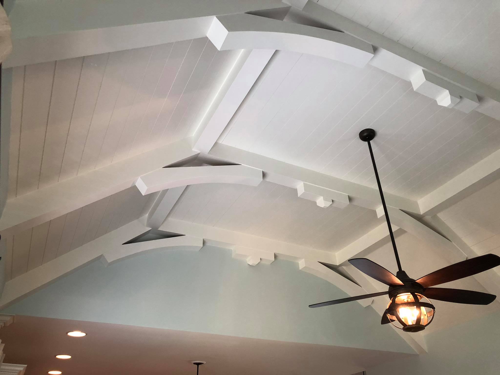 Amazing Ceiling with Multiple Beams and Shiplap Installed Painted White 3