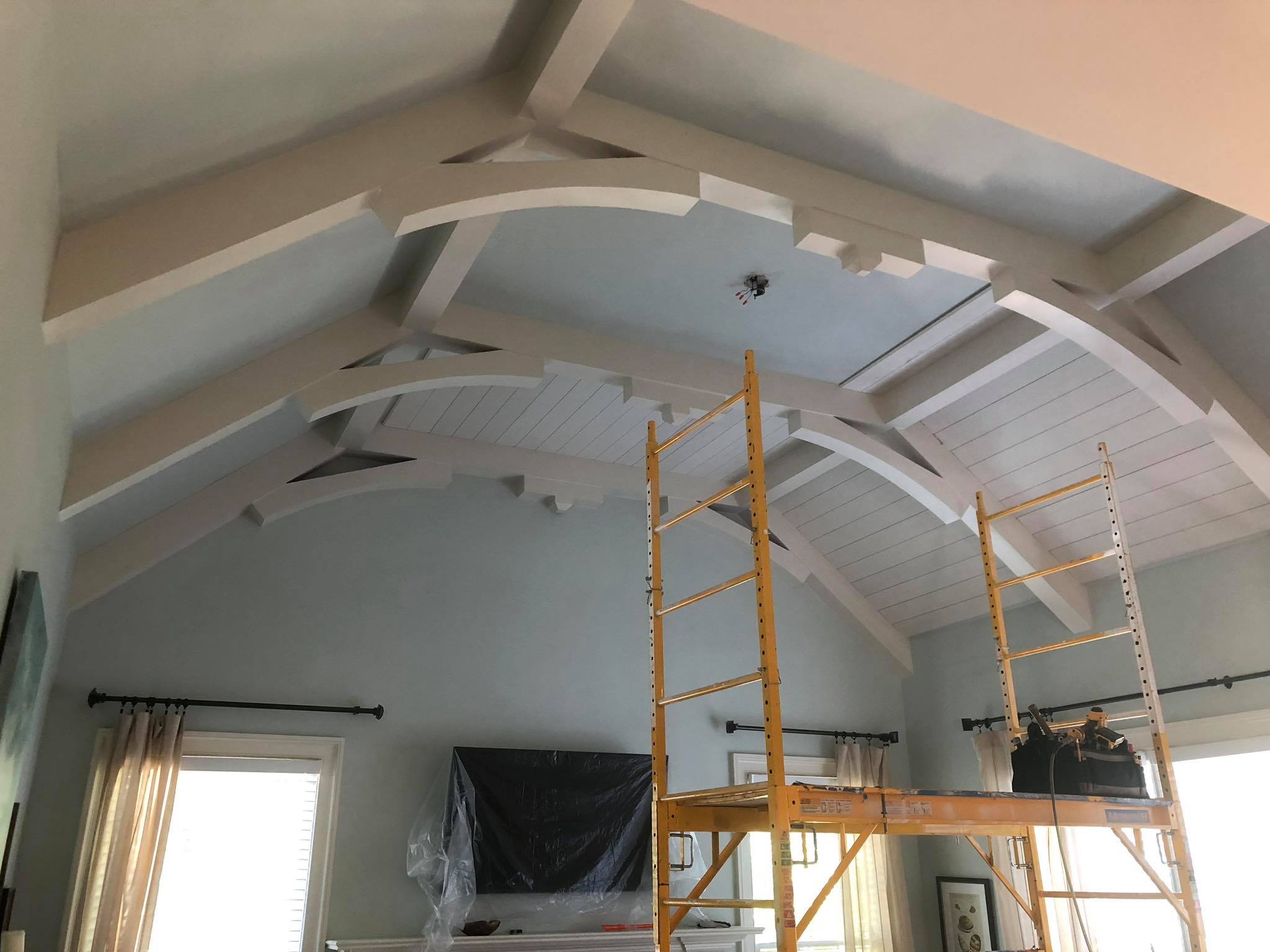 Amazing Ceiling with Multiple Beams and Shiplap Installed Painted White 13