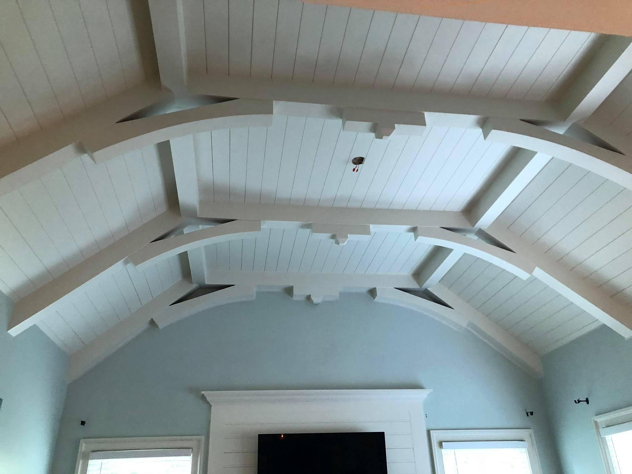 Amazing Ceiling with Multiple Beams and Shiplap Installed Painted White 12