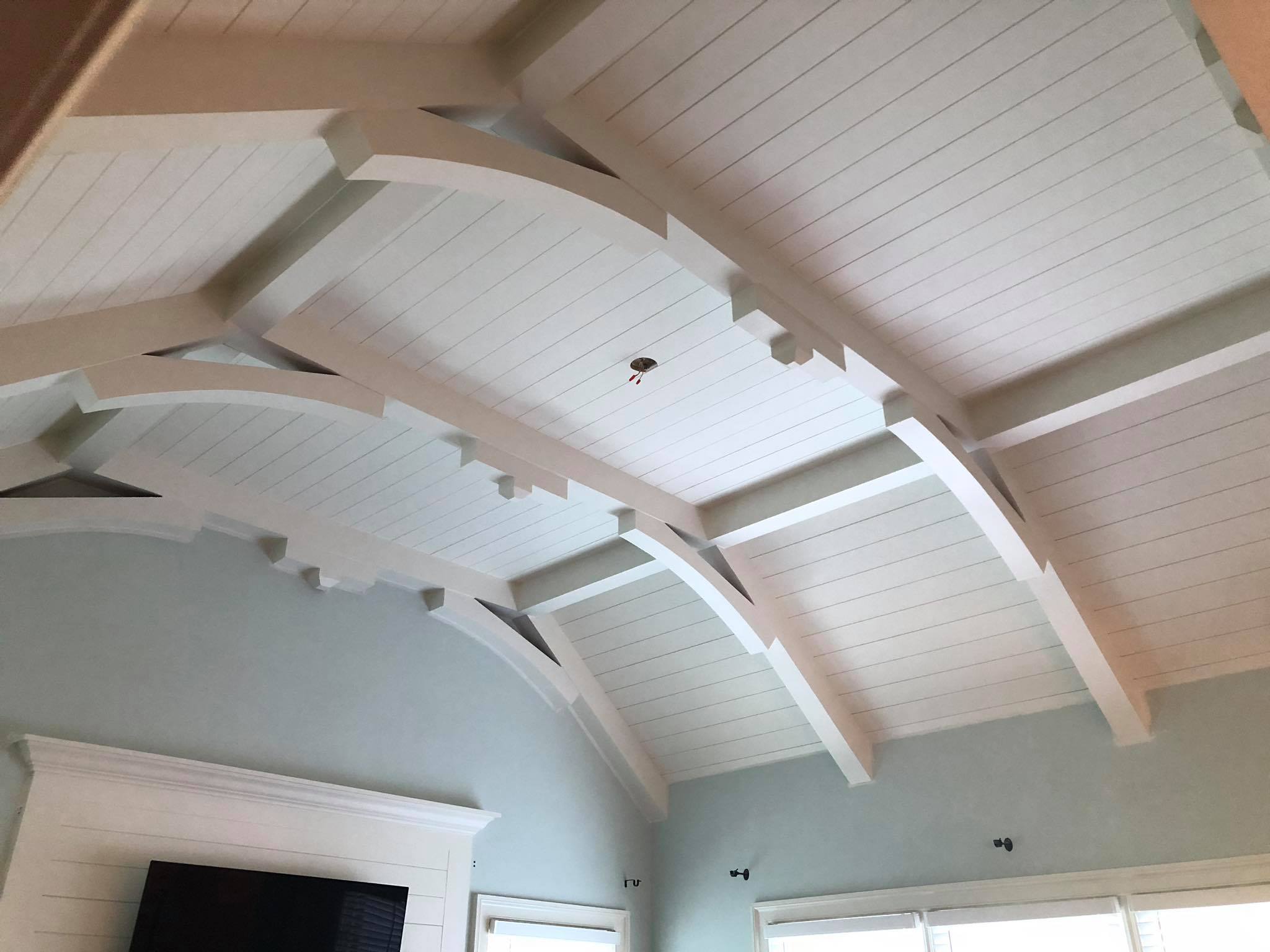 Amazing Ceiling with Multiple Beams and Shiplap Installed Painted White 11