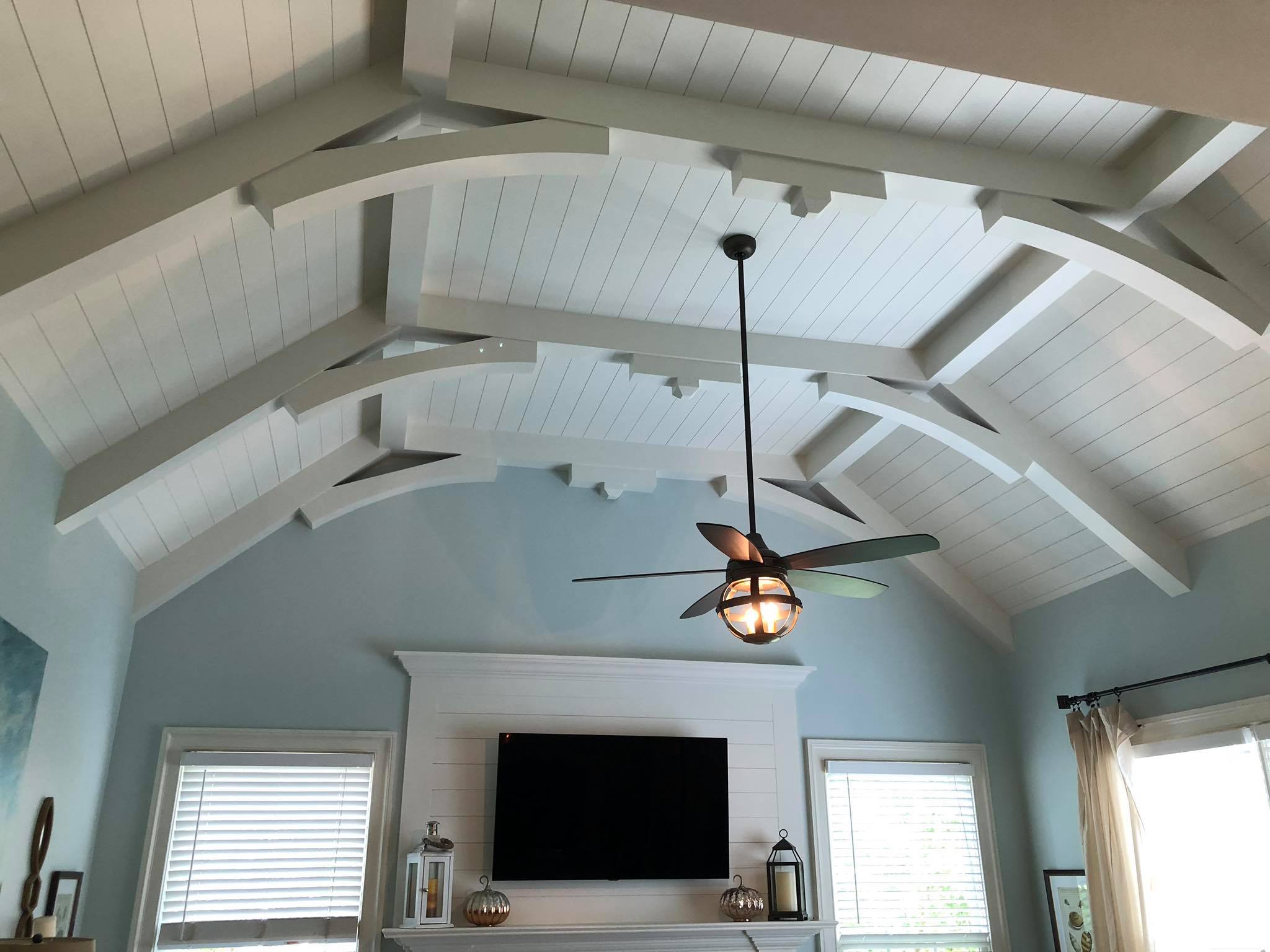 Amazing Ceiling with Multiple Beams and Shiplap Installed Painted White 10