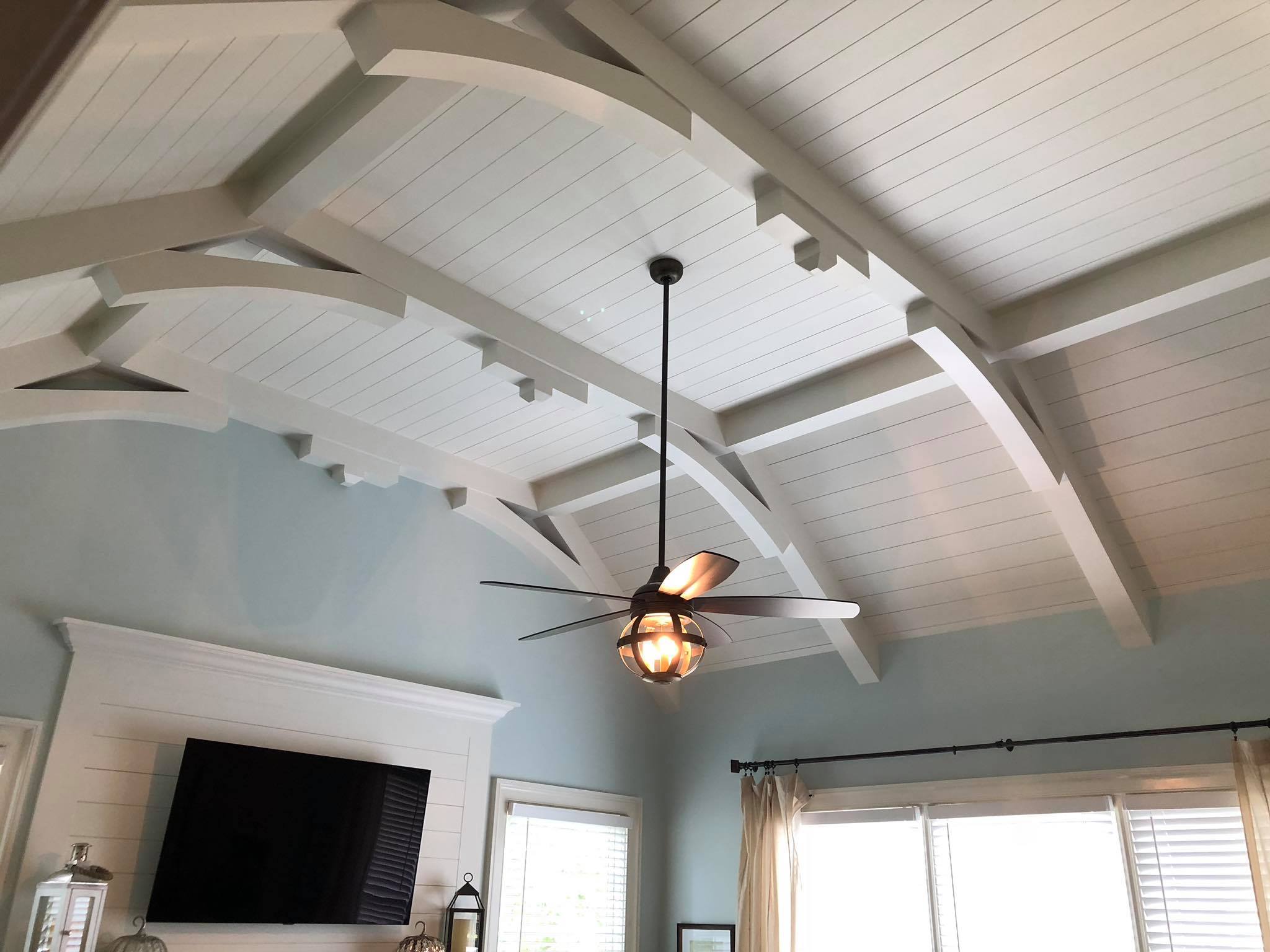 Amazing Ceiling with Multiple Beams and Shiplap Installed Painted White 9