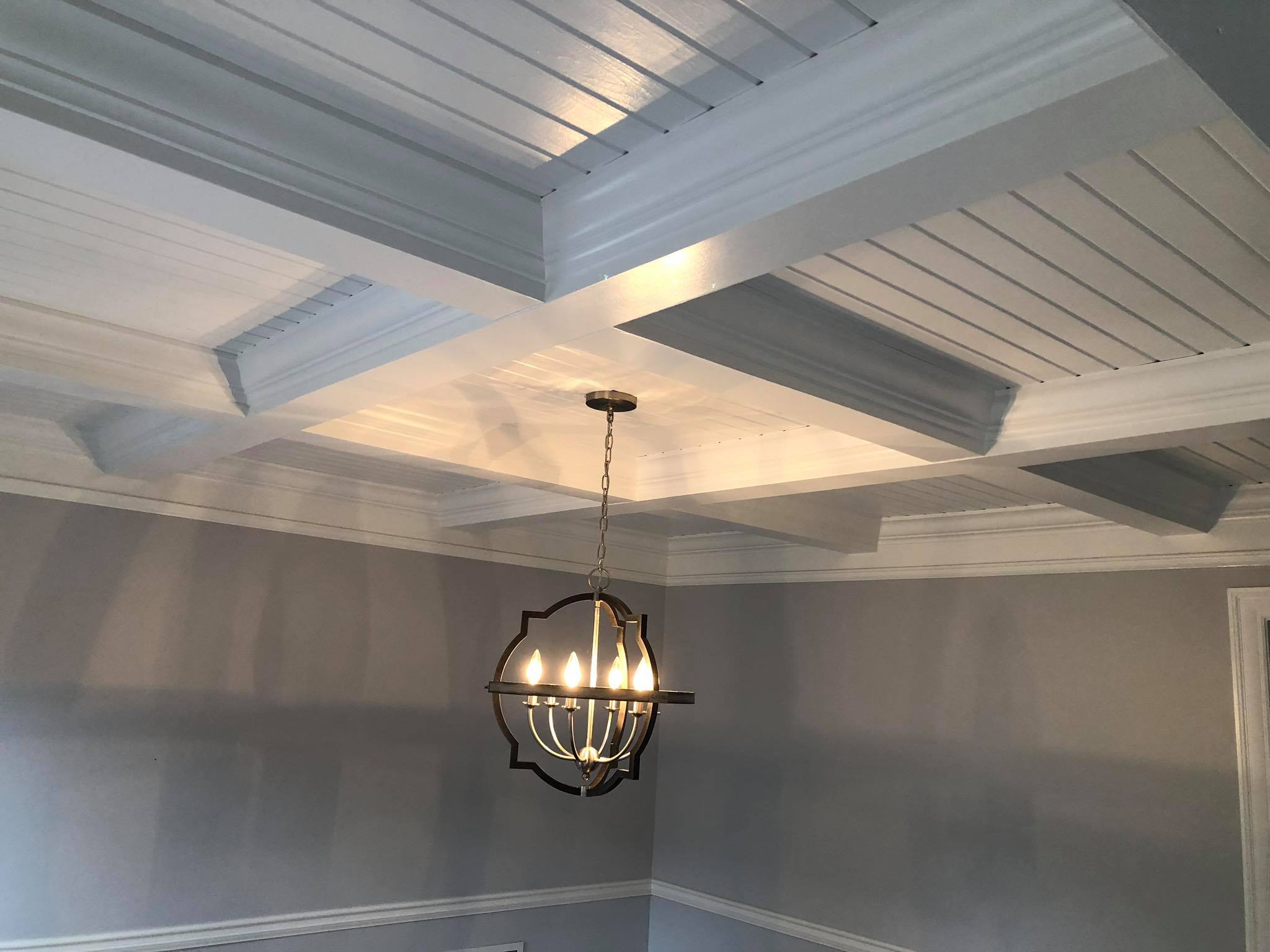 Custom Ceiling with Beams and Shiplap Paneling Painted White 3