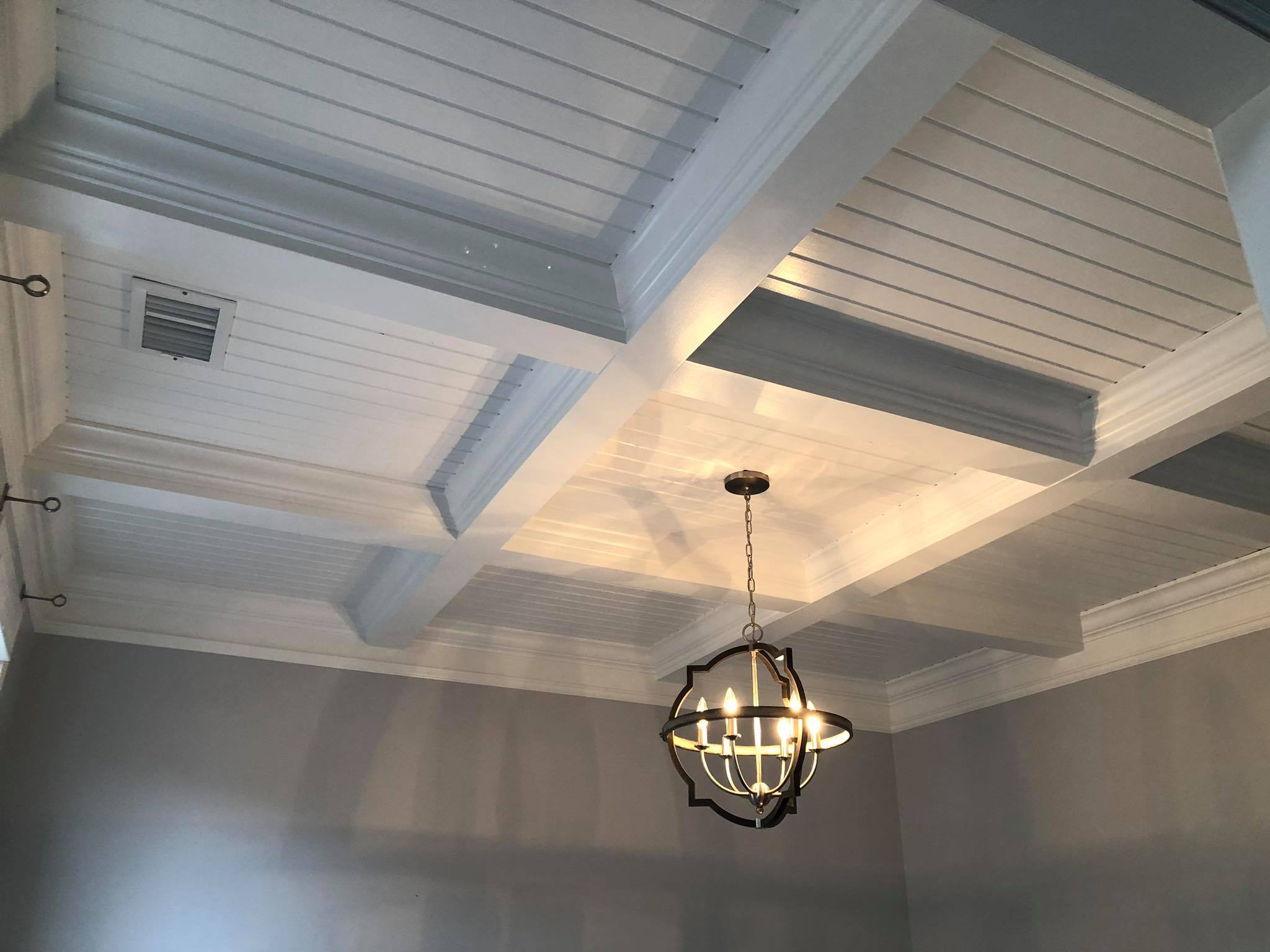 Custom Ceiling with Beams and Shiplap Paneling Painted White 4
