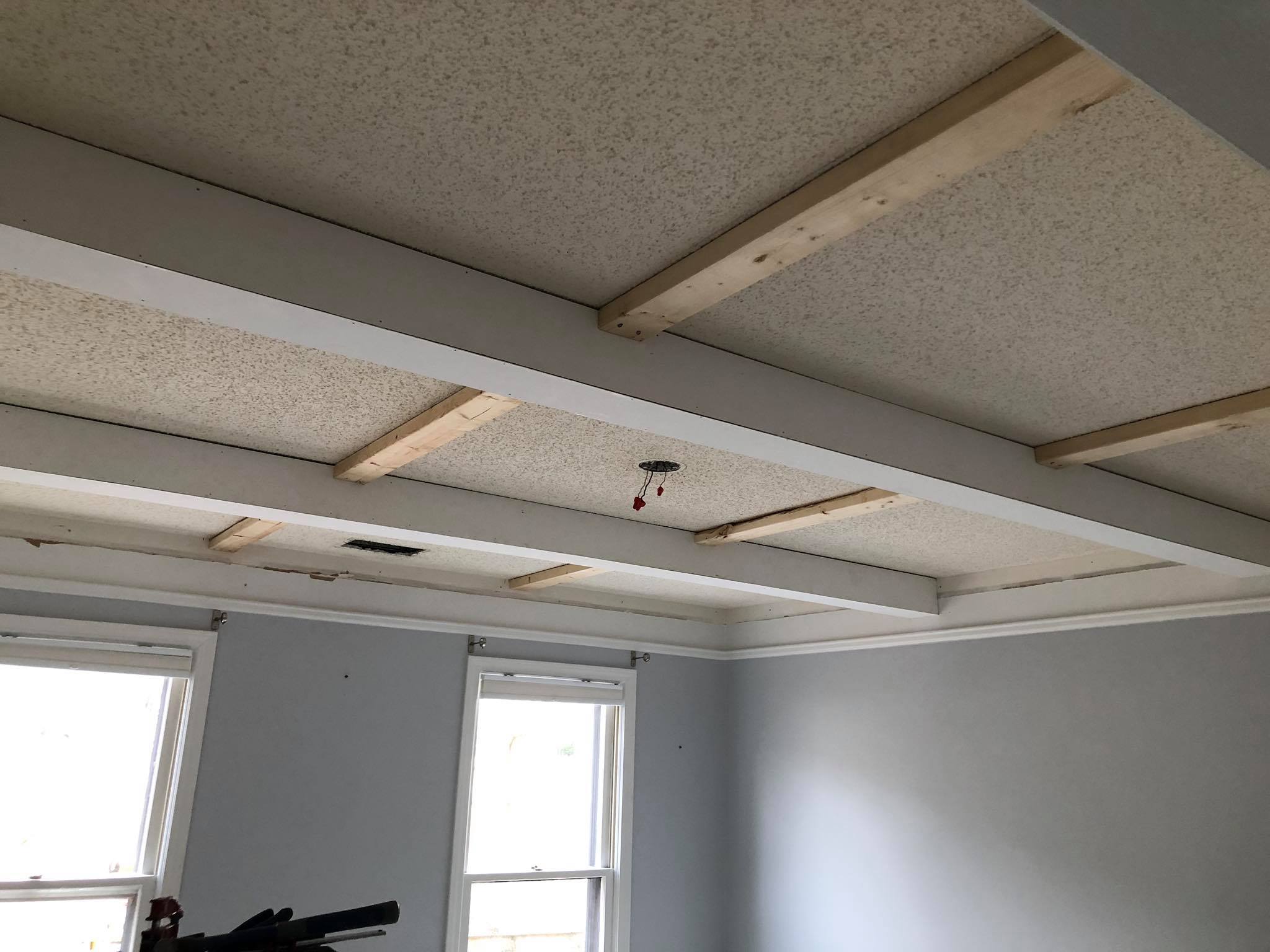 Custom Ceiling with Beams and Shiplap Paneling Painted White 5