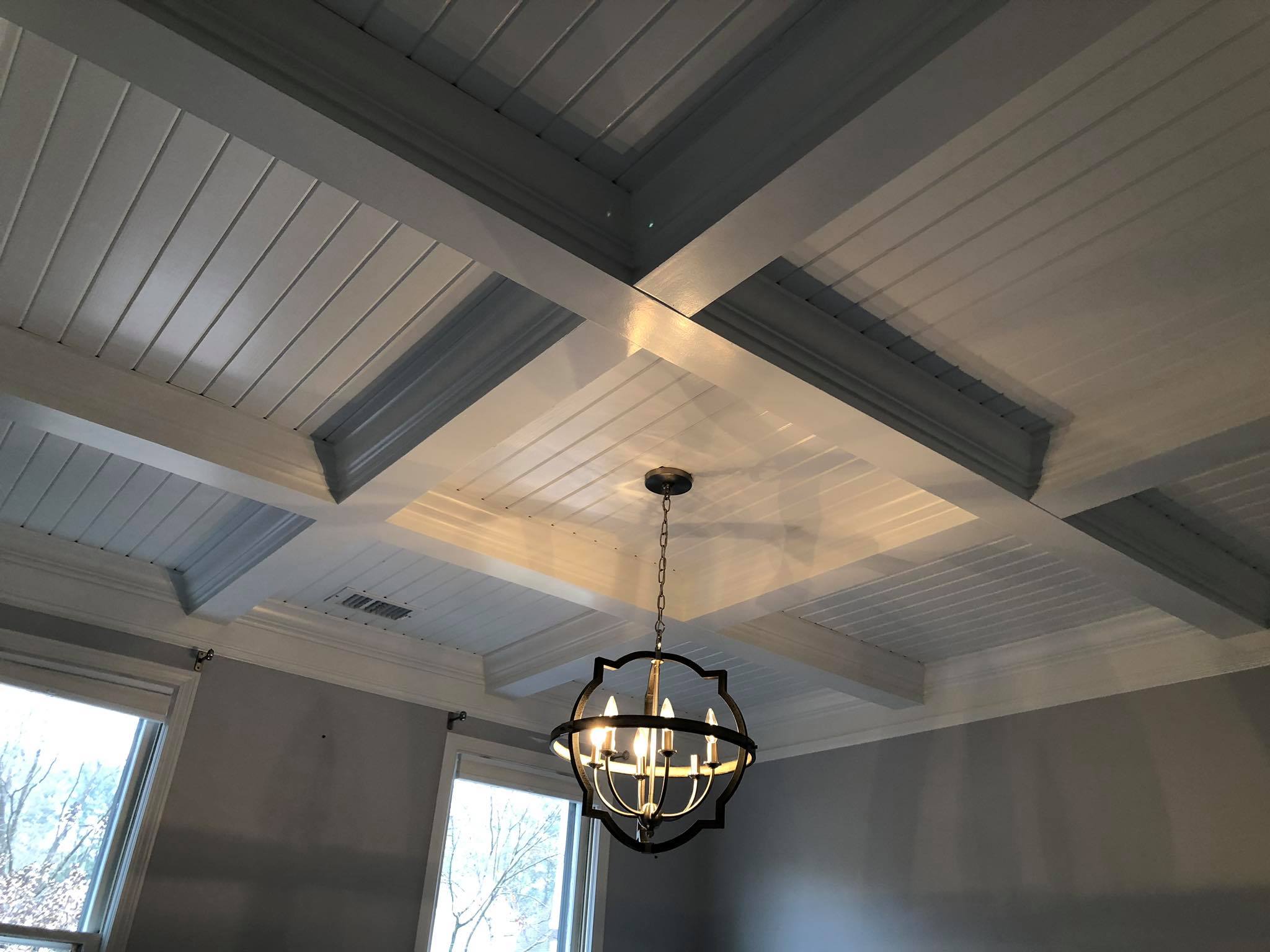 Custom Ceiling with Beams and Shiplap Paneling Painted White 6
