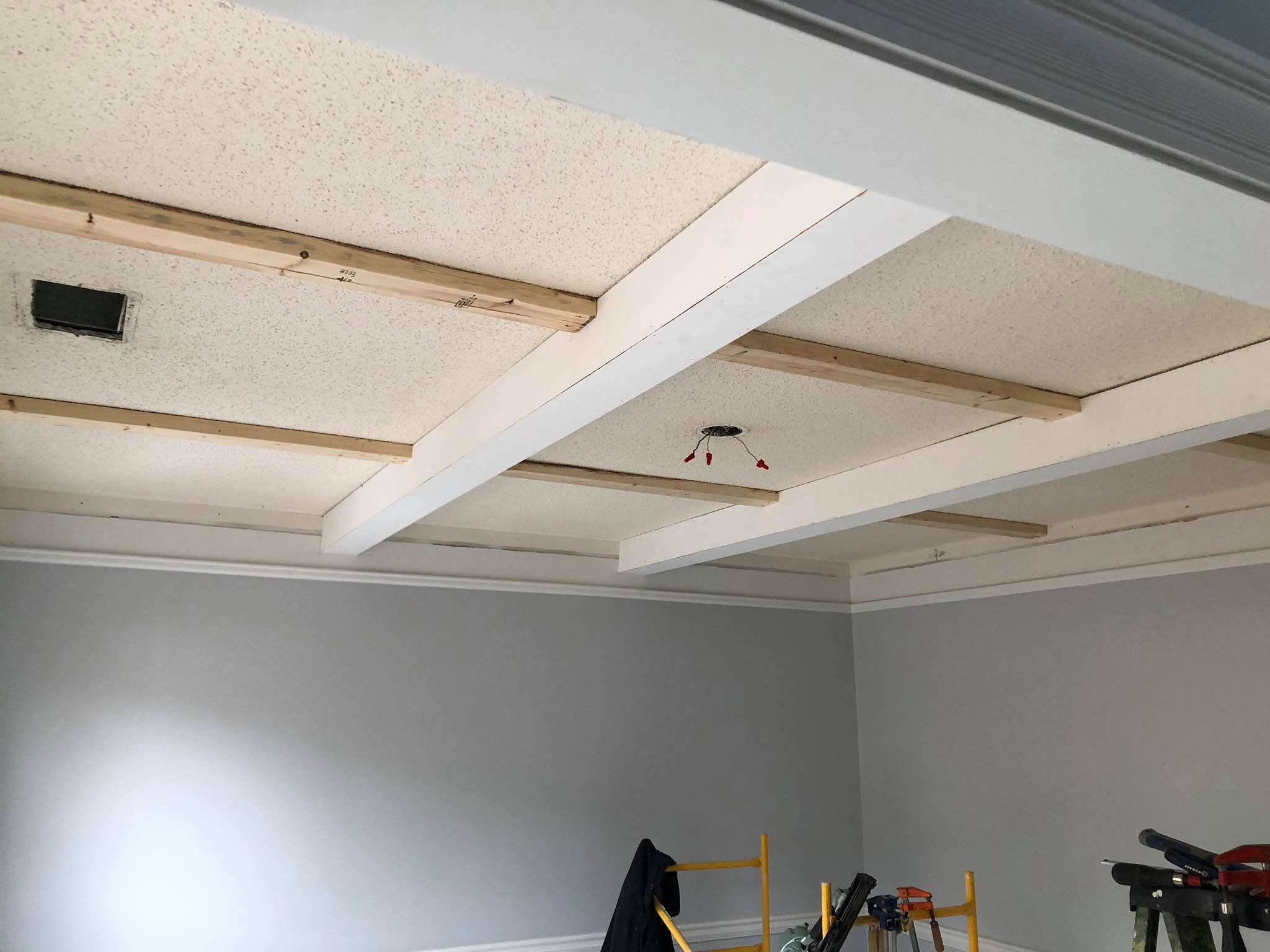 Custom Ceiling with Beams and Shiplap Paneling Painted White 7