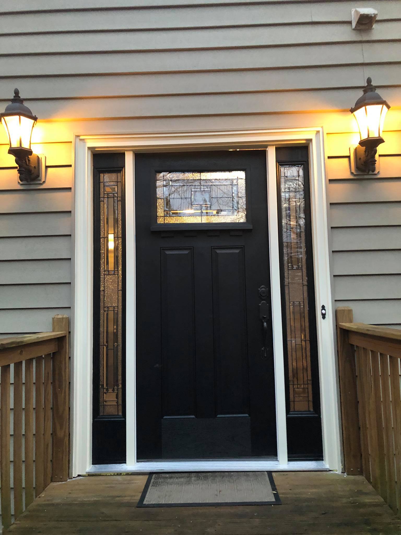 Image of Front Door Installation with Glass and Side Trim Painted Black 2