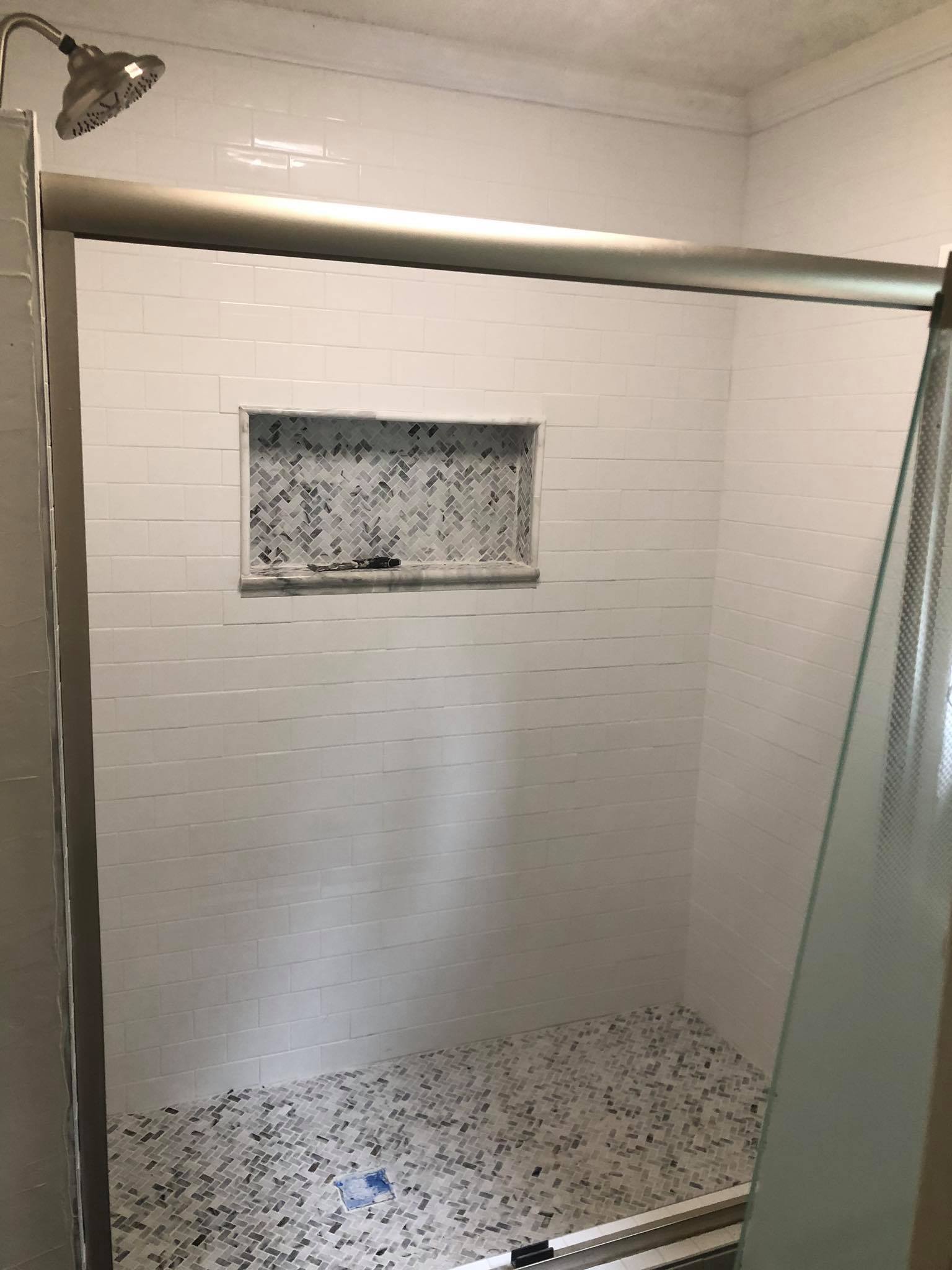 Bathroom Shower Complete Remodel with New Tiles and Patterned Floor