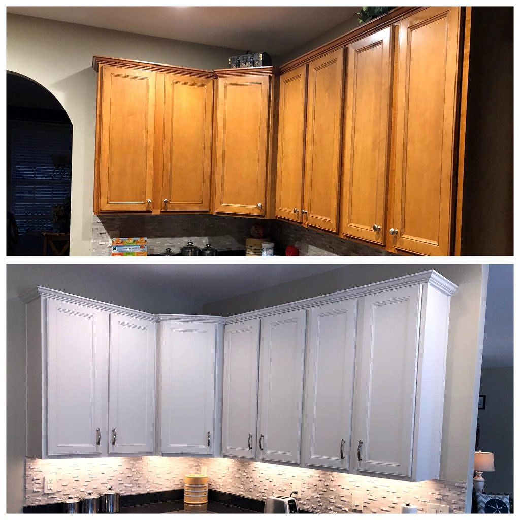 Before and after Image of Before image of Custom Kitchen Cabinets Painting and Refinishing Painted Shaker White 1