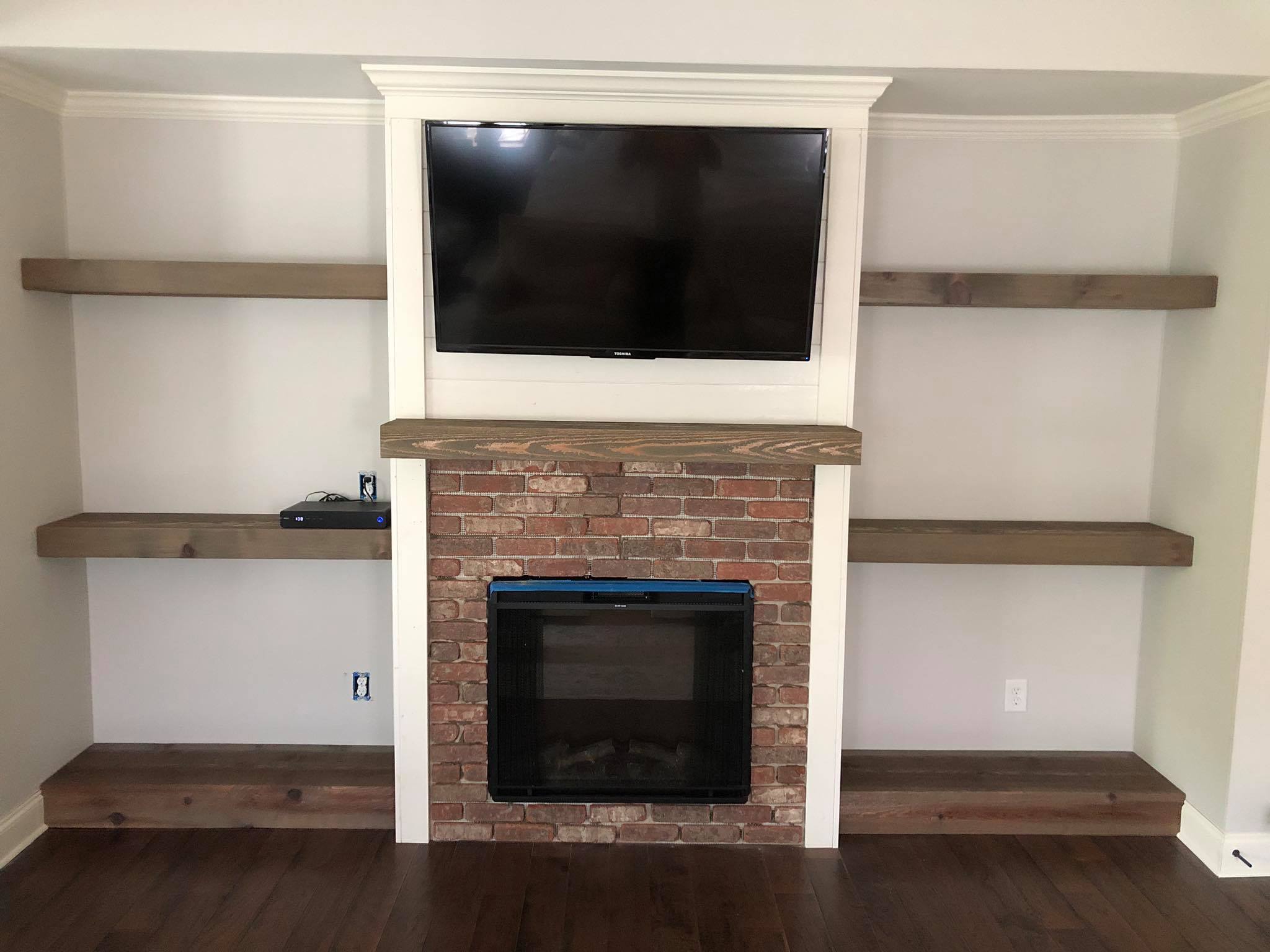 Custom Fireplace Floating Beam Shelves Installed Main Front
