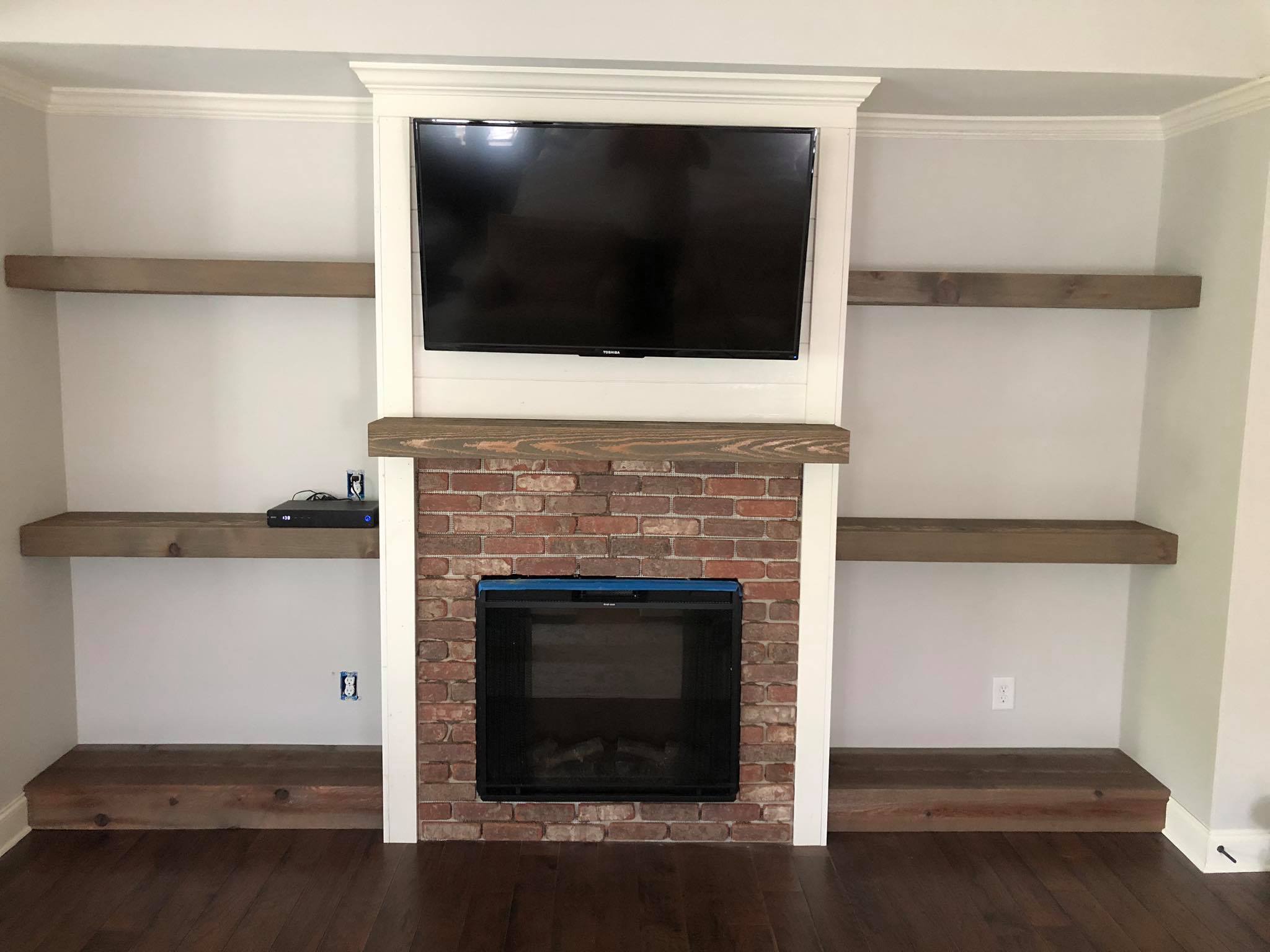 Custom Fireplace Floating Beam Shelves Installed Front View Main