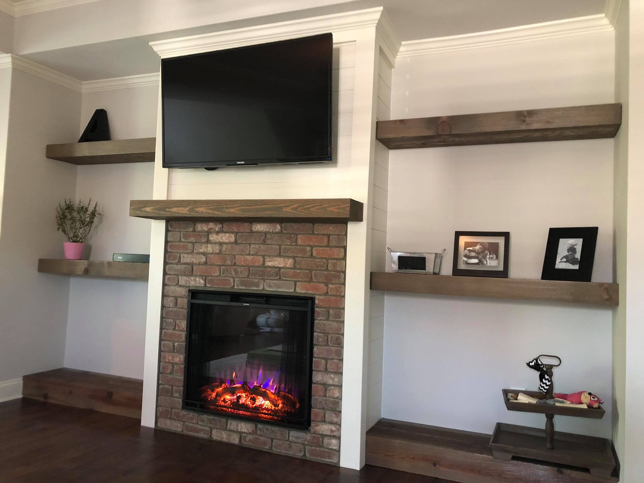 Custom Fireplace Floating Beam Shelves Installed Side View