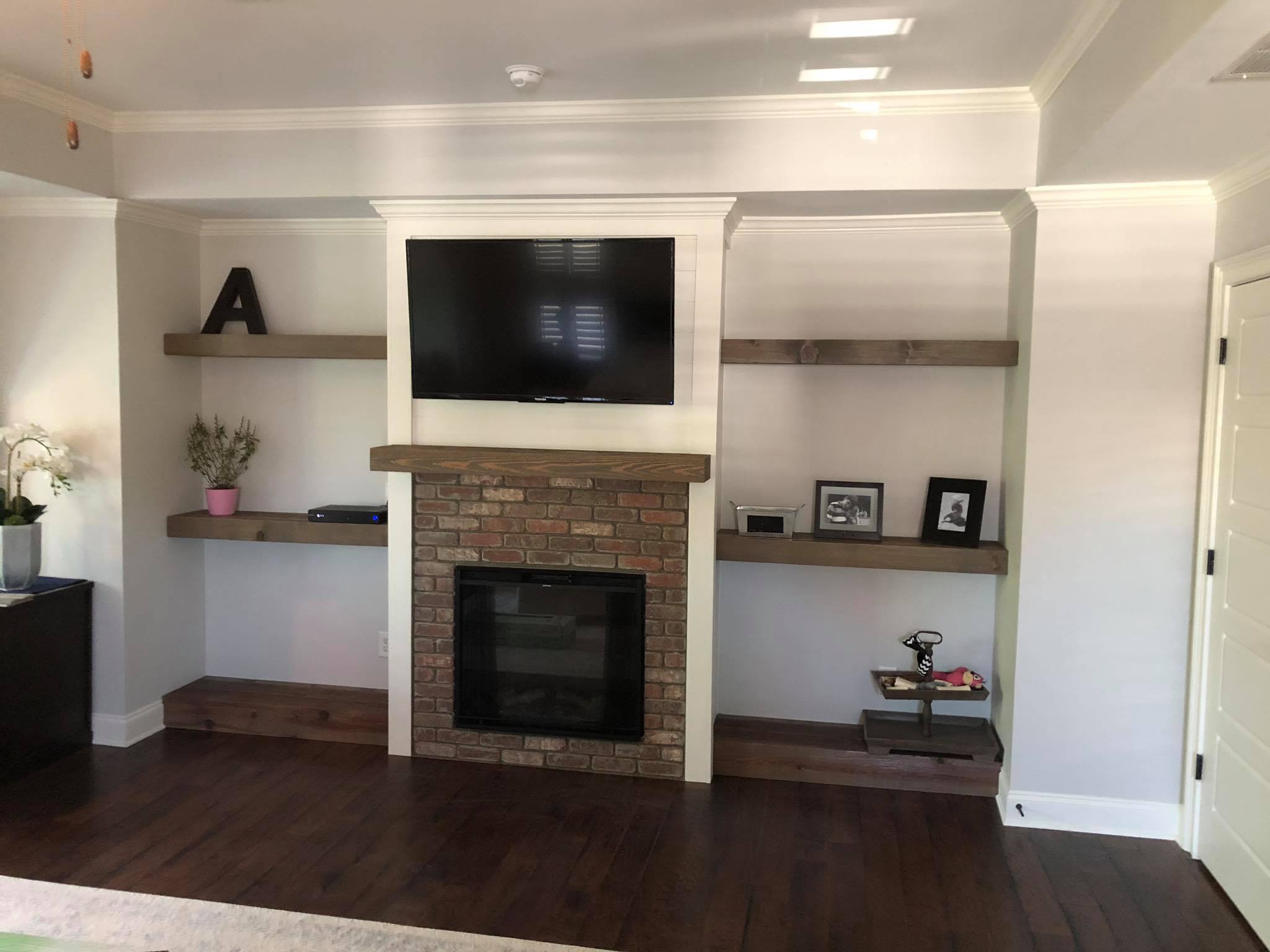 Custom Fireplace Floating Beam Shelves Installed Front View 2