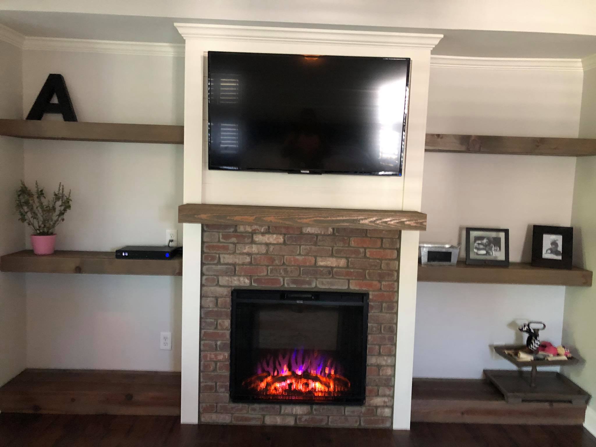 Custom Fireplace Floating Beam Shelves Installed Front View