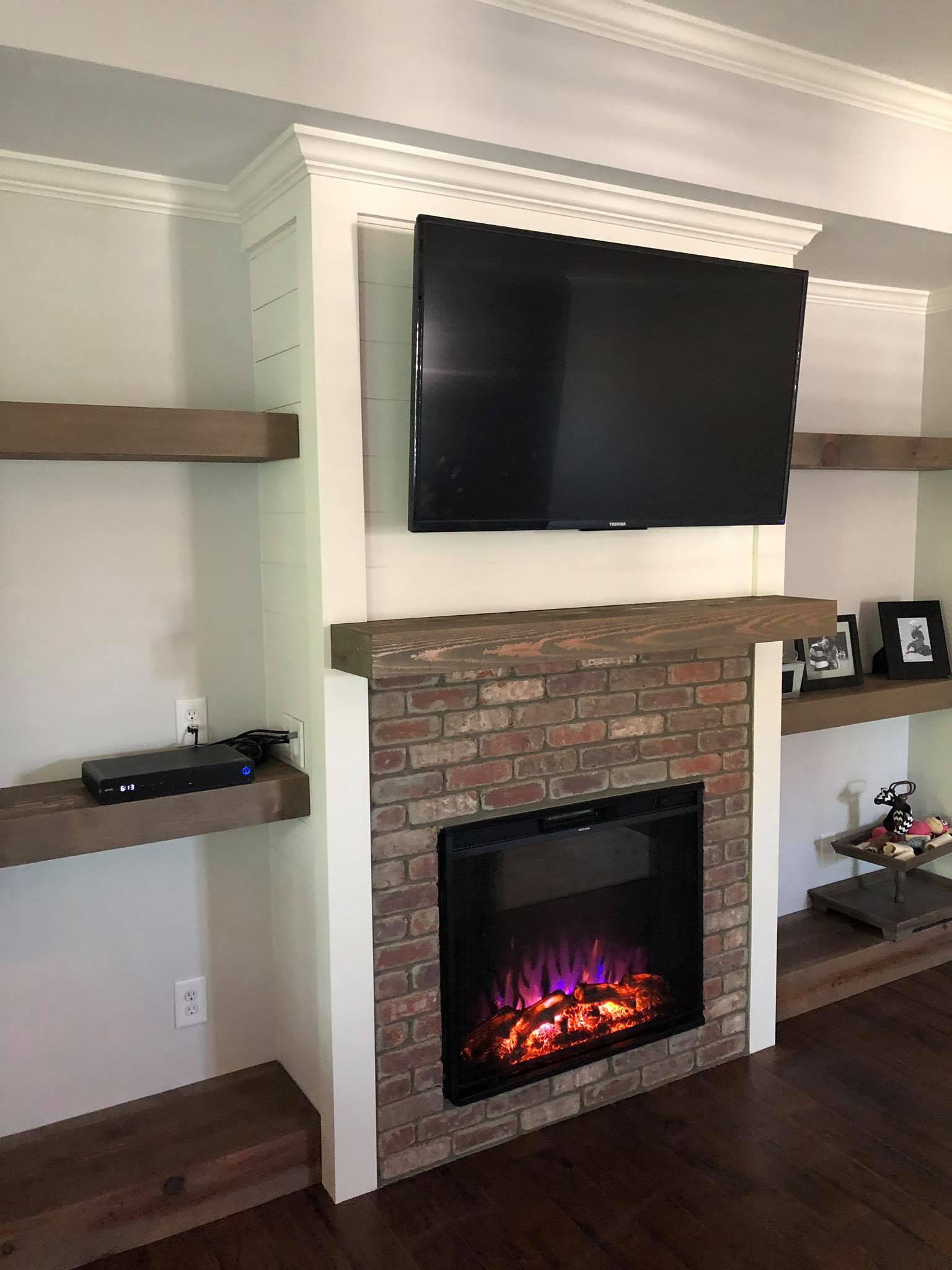 Custom Fireplace Floating Beam Shelves Installed 2