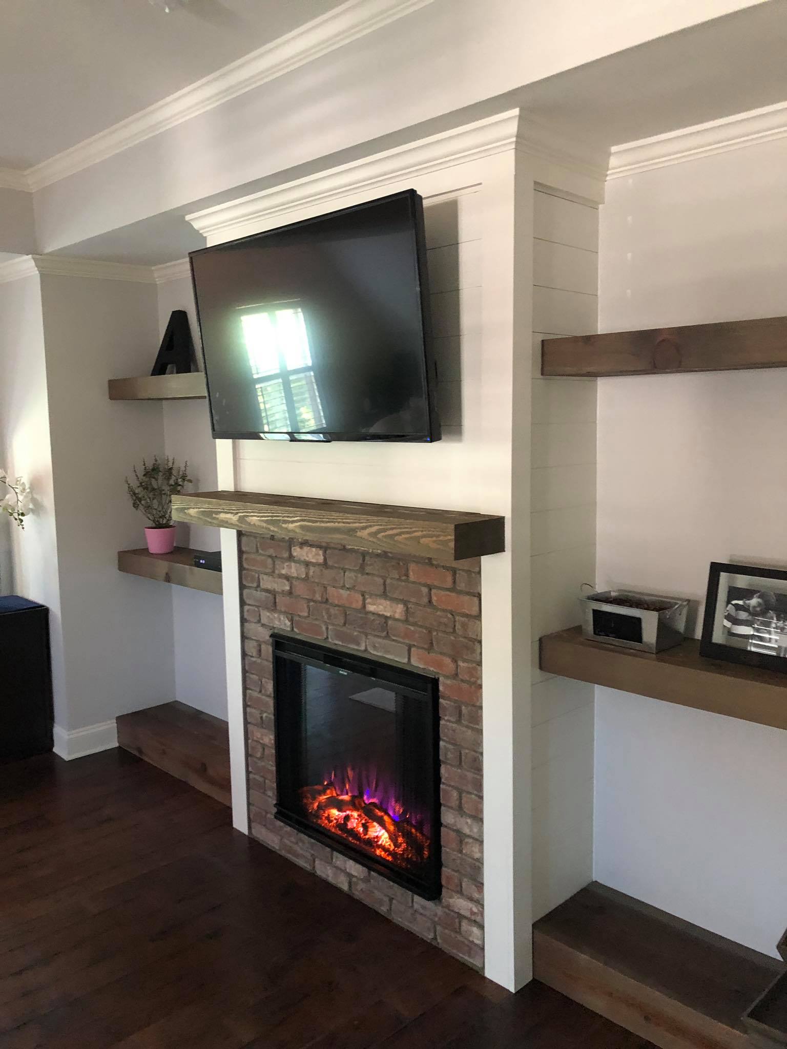 Custom Fireplace Floating Beam Shelves Installed Side View Right 1