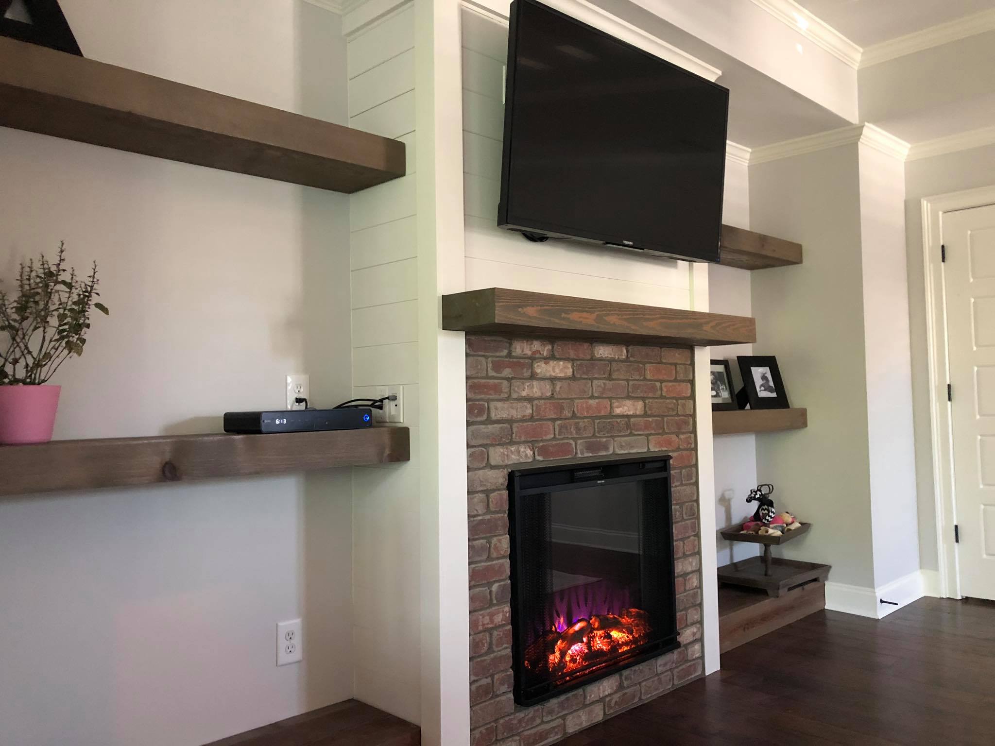 Custom Fireplace Floating Beam Shelves Installed Side View Left