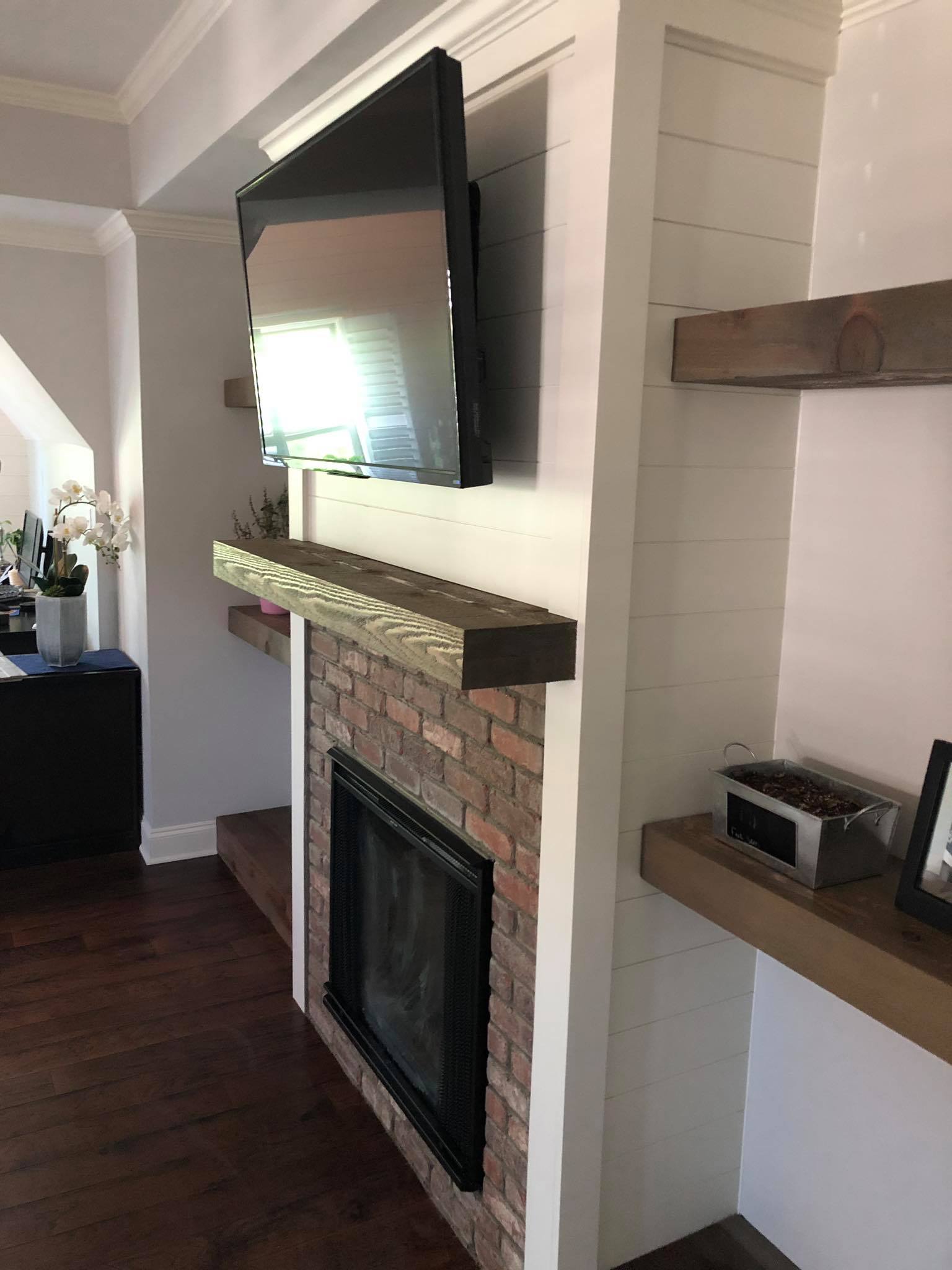 Custom Fireplace Floating Beam Shelves Main Fireplace Side View Right