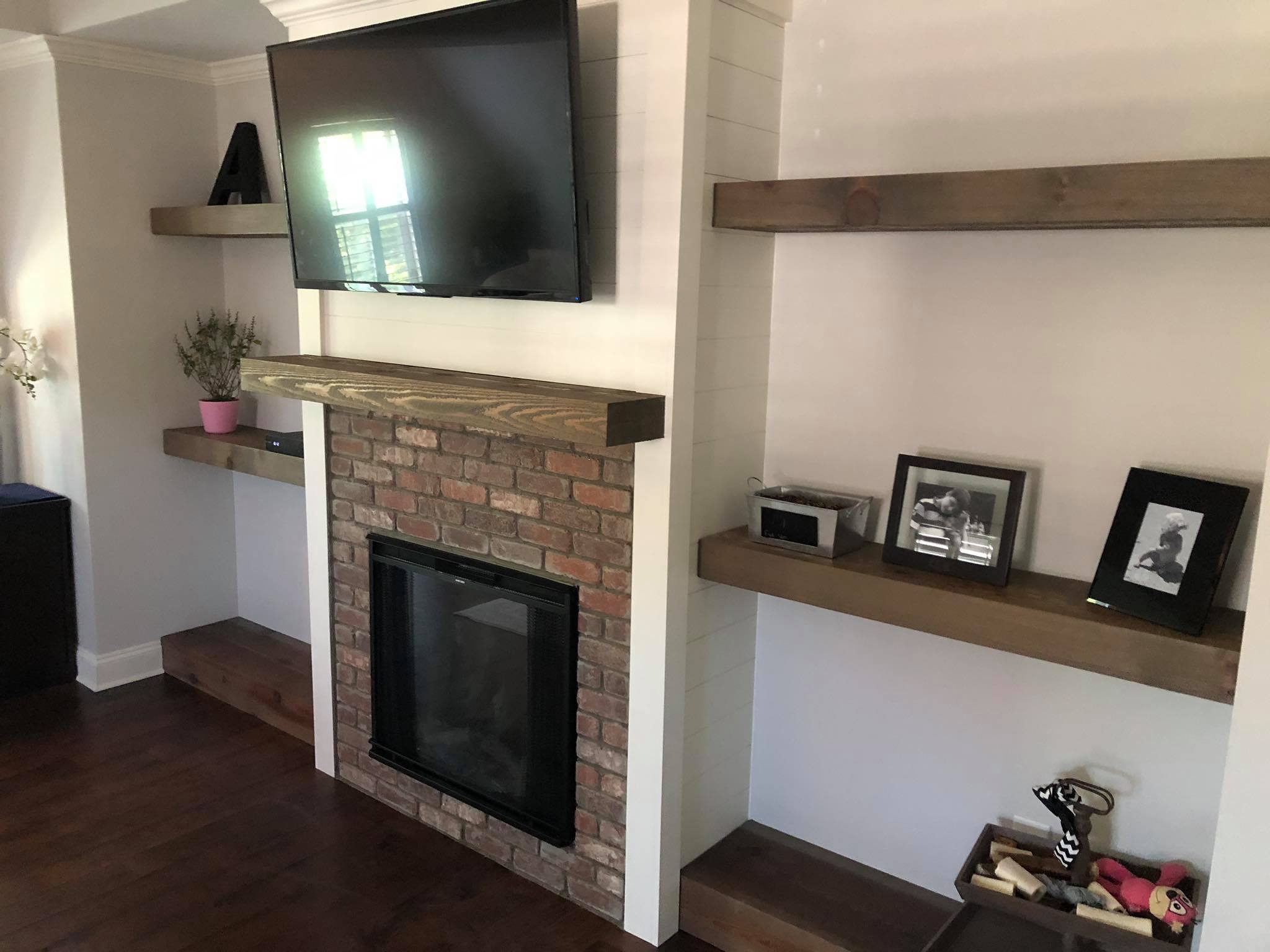 Custom Fireplace Floating Beam Shelves Installed Side View Right