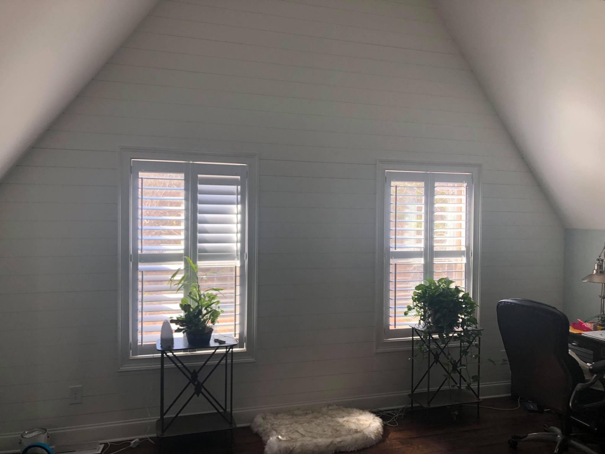 Shiplap On Walls Painted White with Hardwood Floor Installed 10