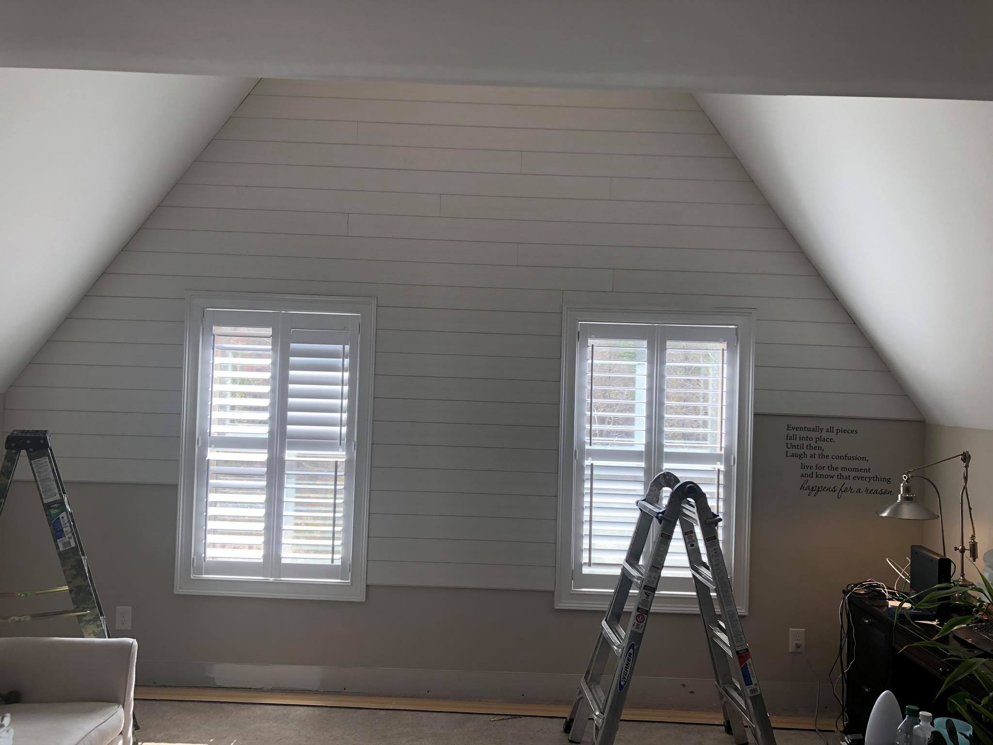Shiplap On Walls Painted White with Hardwood Floor Installed 9