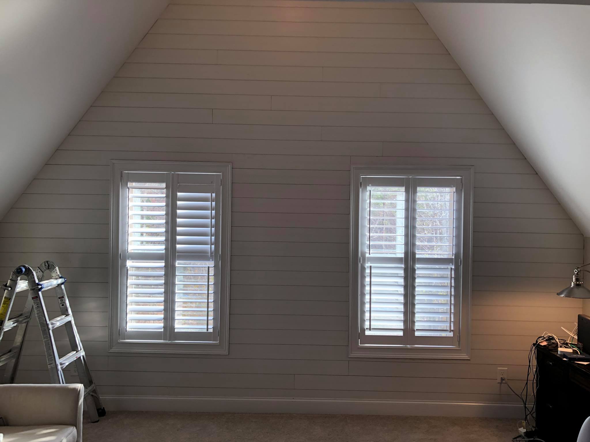 Shiplap On Walls Painted White with Hardwood Floor Installed 3