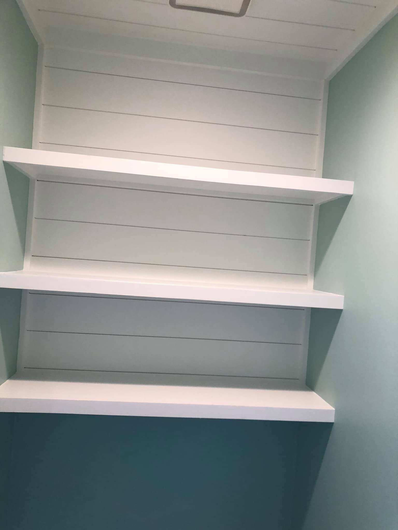 Tongue and Groove with Shiplap on Walls and Ceiling Floating Shelves