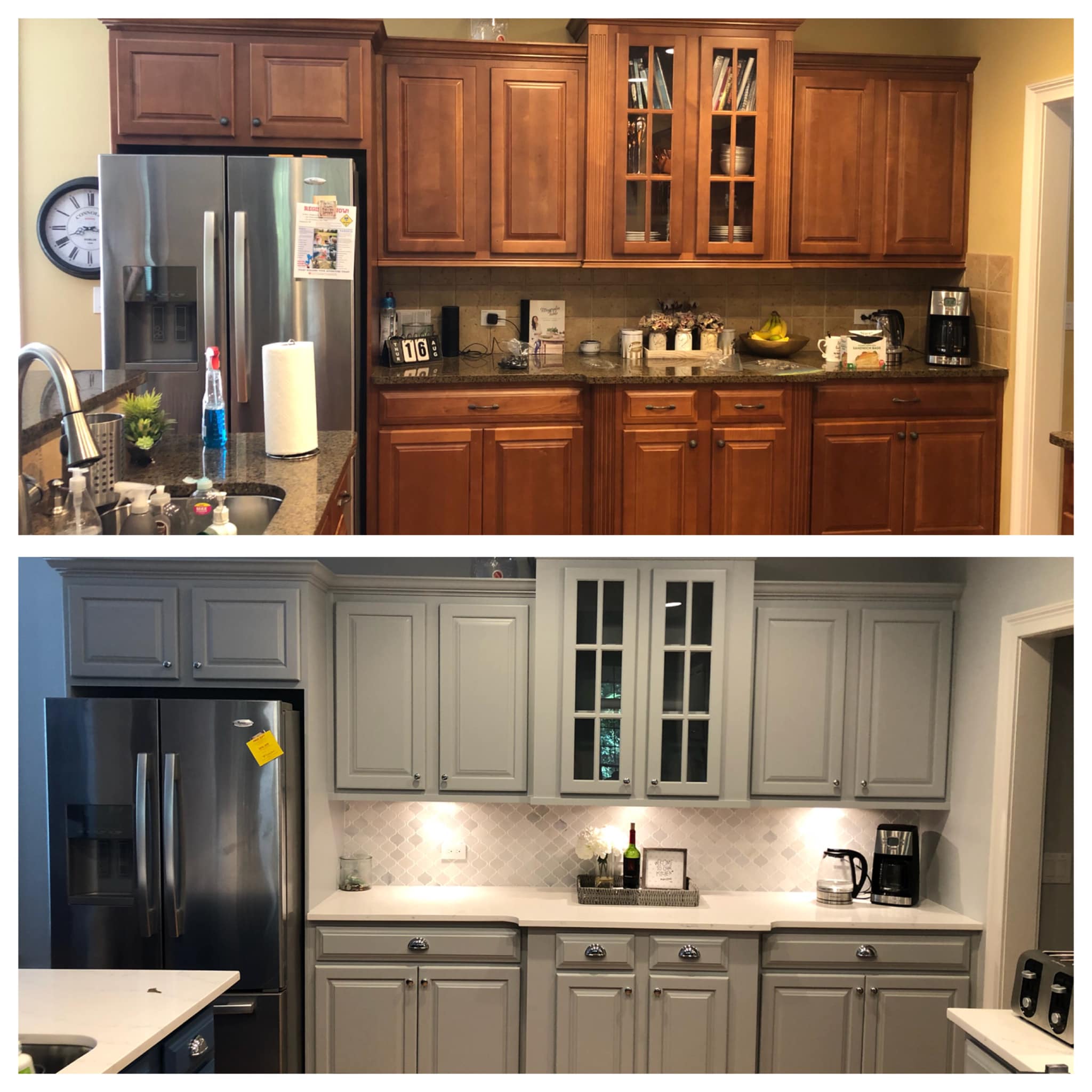 Before and After of Custom Grey Cabinets Painting and Refinishing with Glass Doors and Double Door Base Cabinets