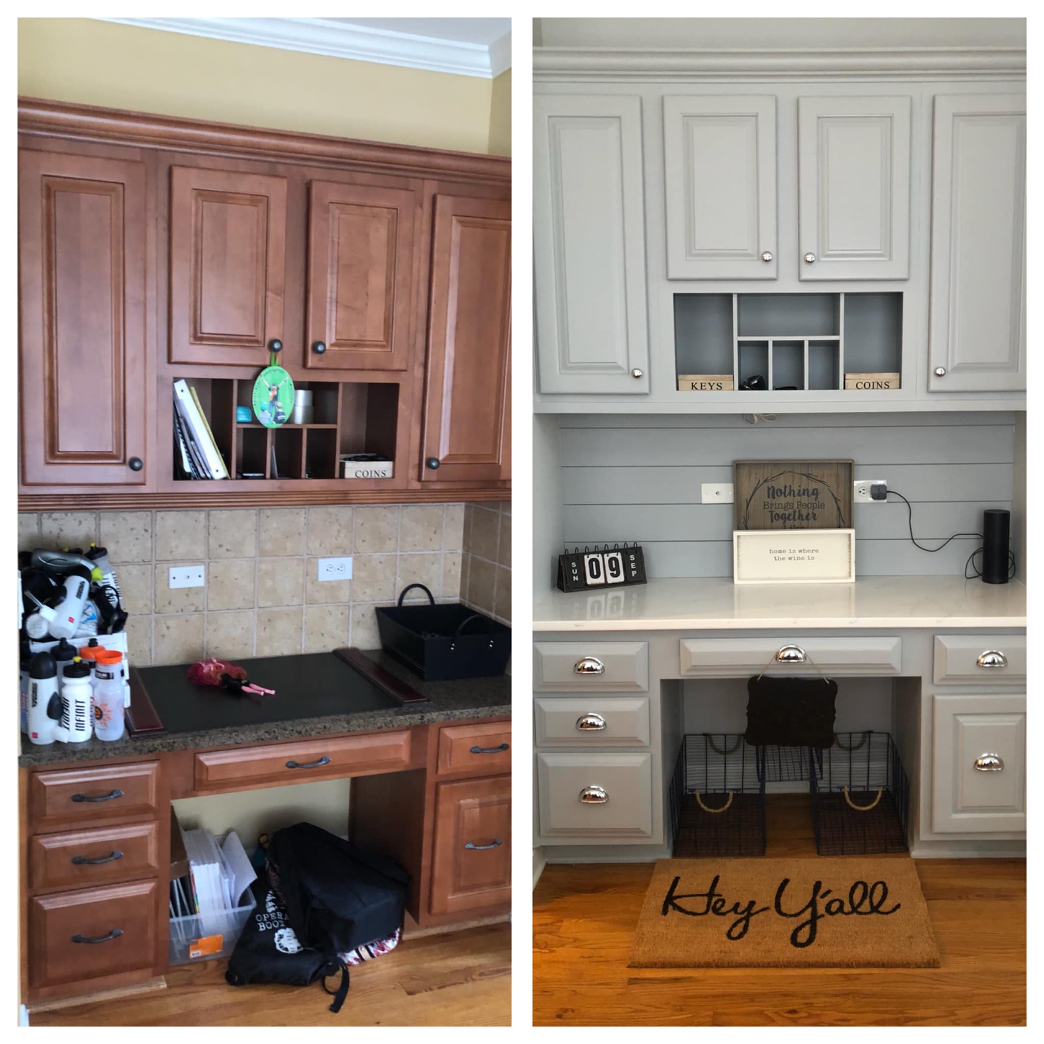 Before and After of Office Cabinets Painted Grey