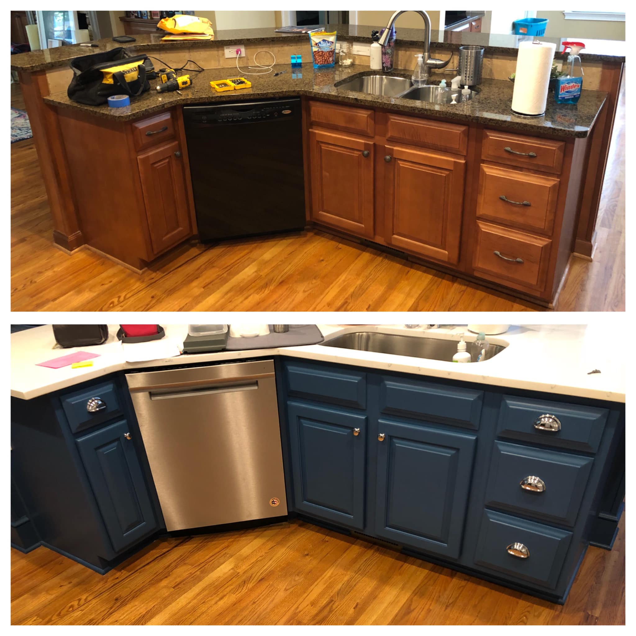 Before and After of Custom Kitchen Cabinets Painted Blue