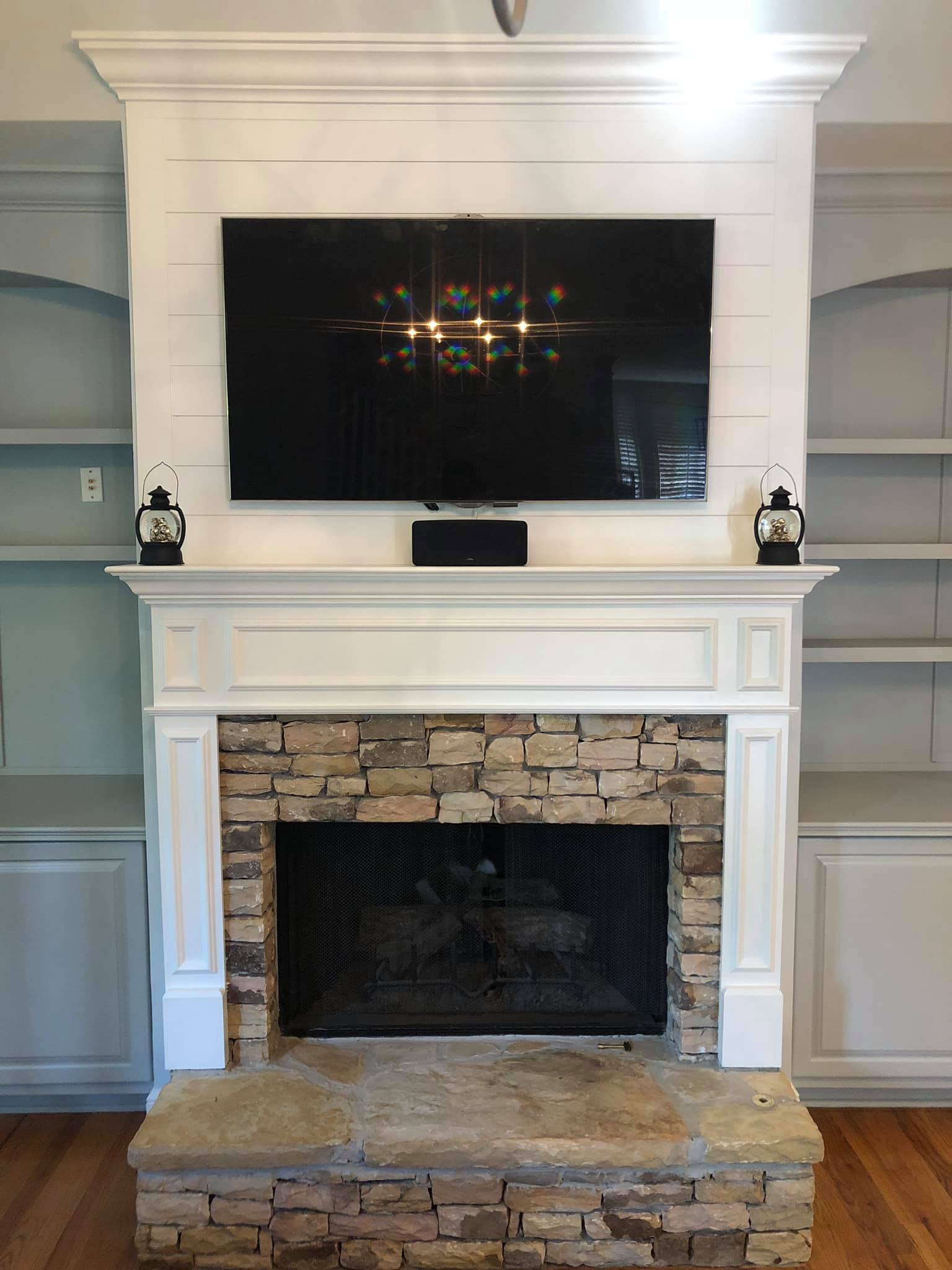 Fireplace with Mantel and Wall High Built in Cabinets with Double Doors Painted Grey 3