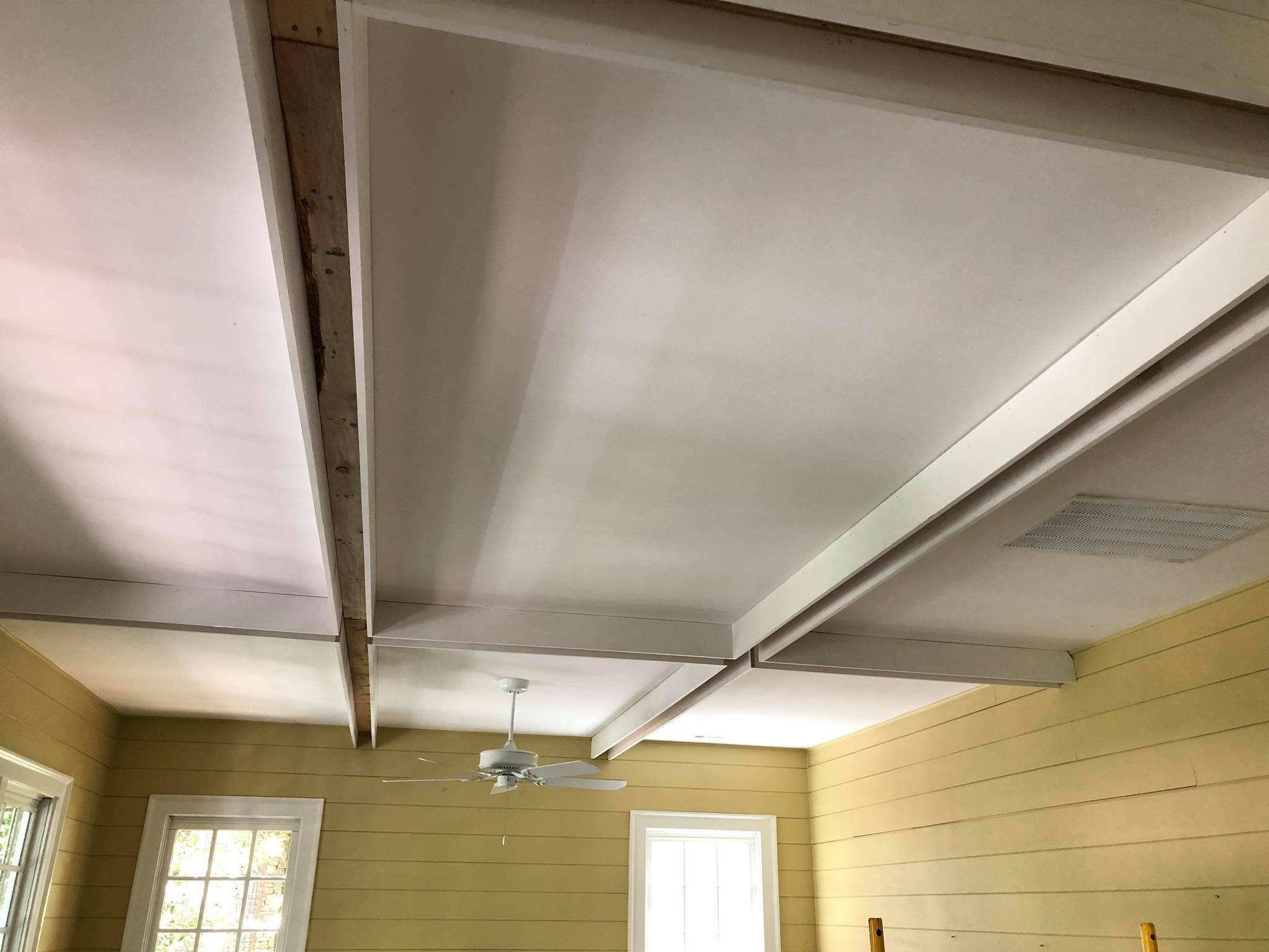 Custom Ceiling with Beams and Shiplap Installing 4