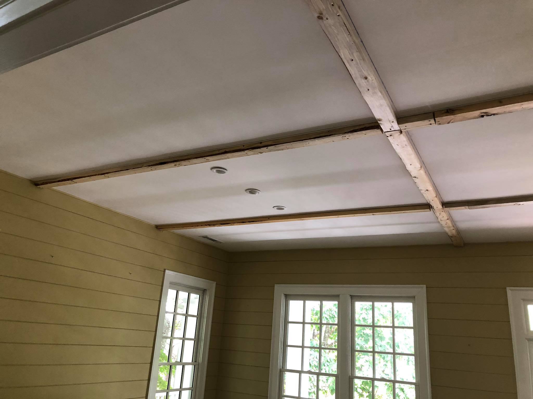 Custom Ceiling with Beams and Shiplap Installing 2