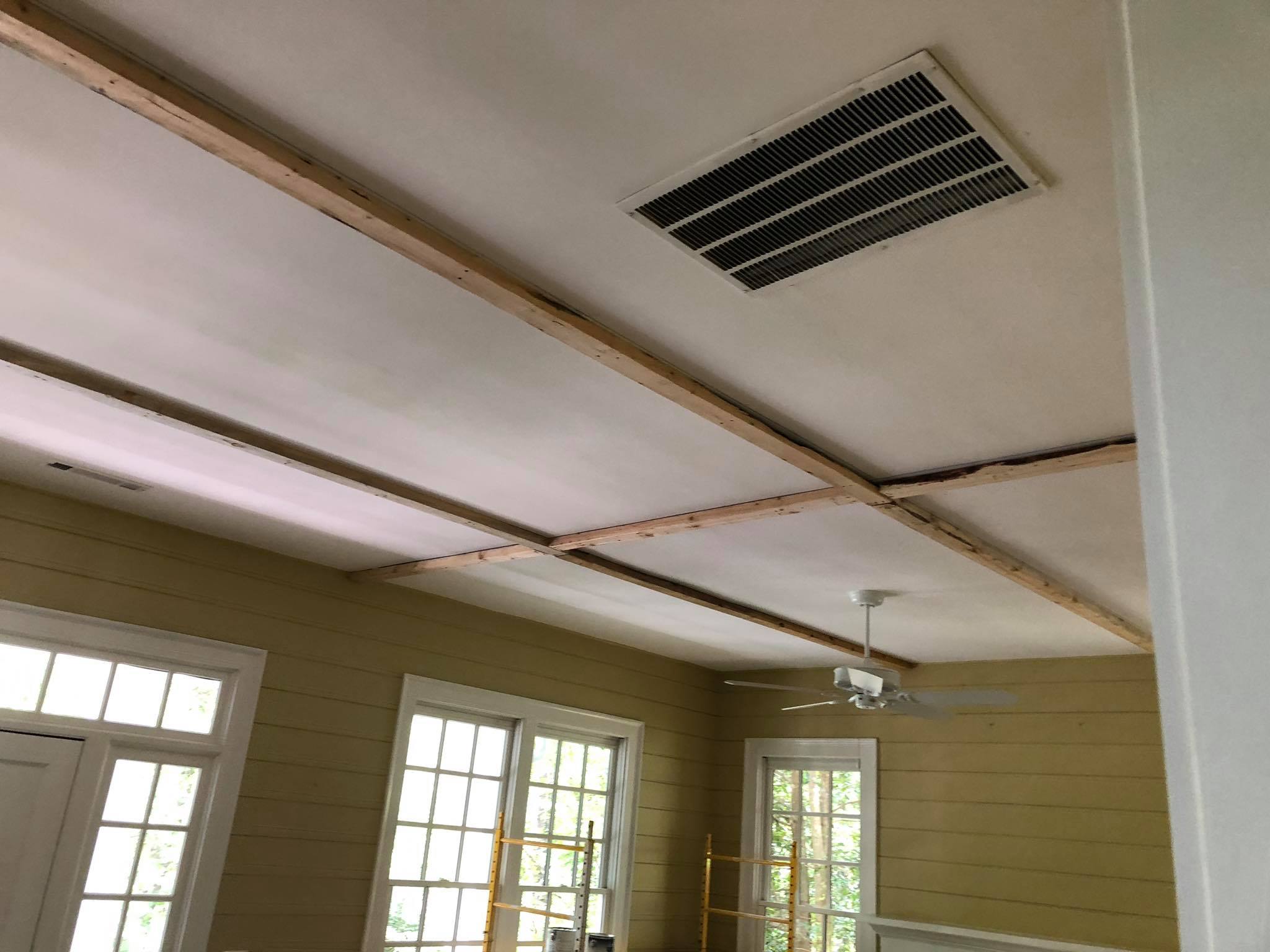 Custom Ceiling with Beams and Shiplap Installing 7