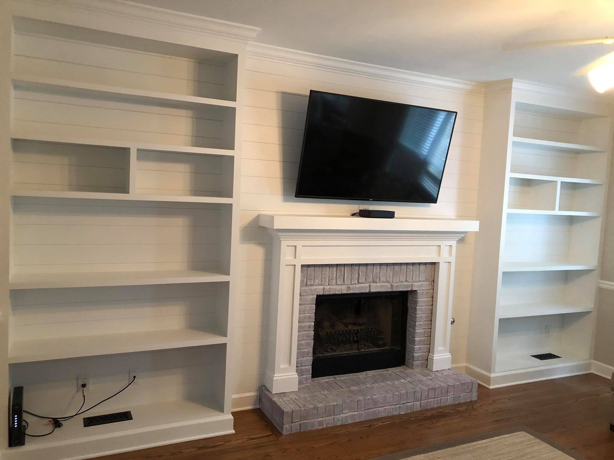 Fireplace Custom Wall High Built in Cabinets Shelves and Trim Painted White Installed 5