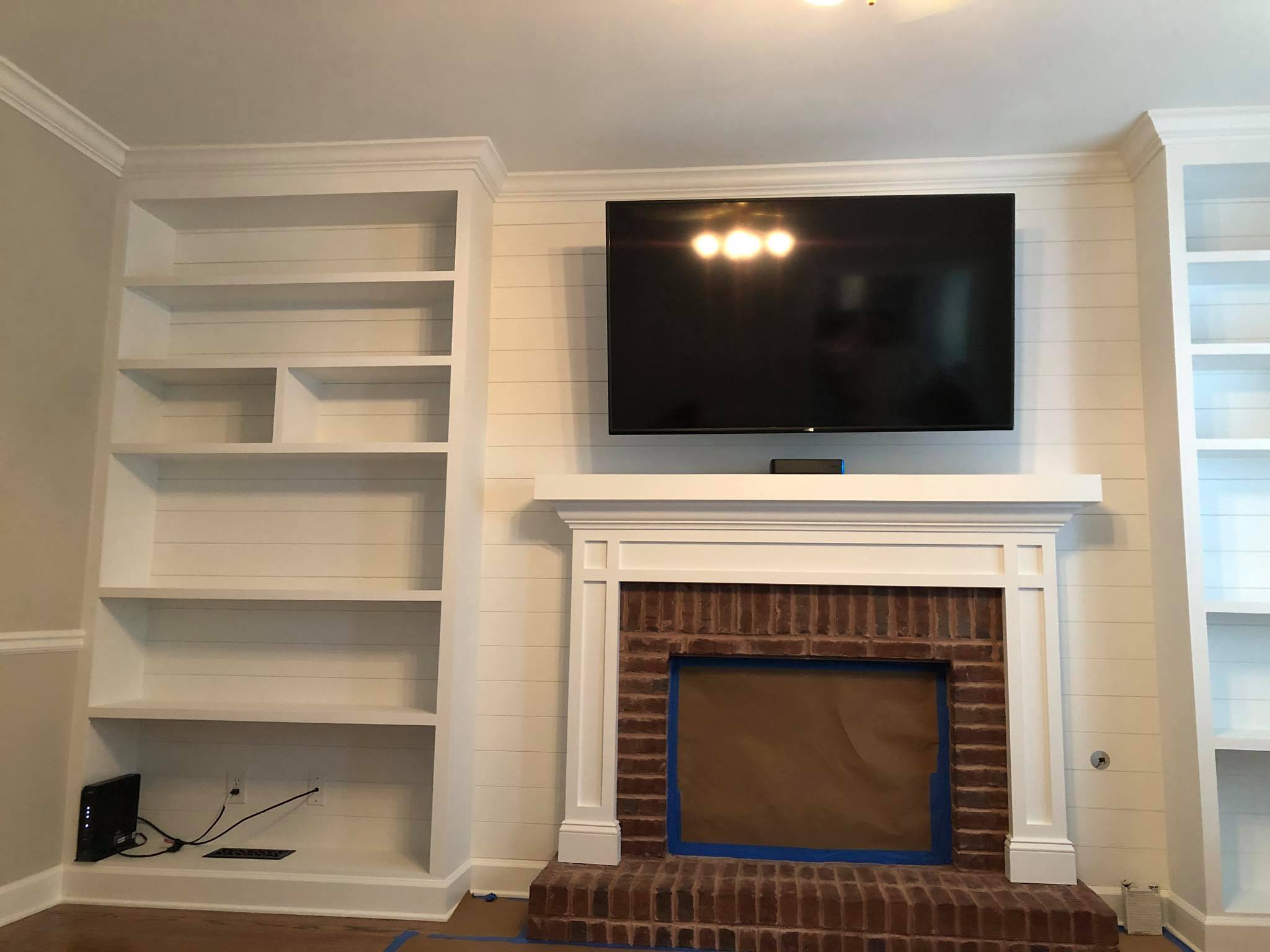 Fireplace Custom Wall High Built in Cabinets Shelves and Trim Painted White Installed 4