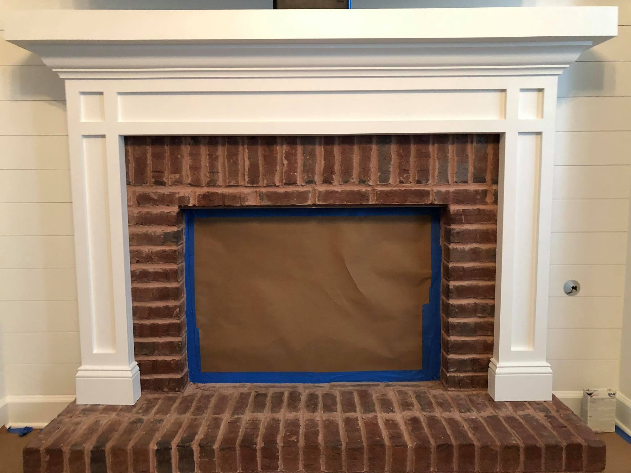 Fireplace Custom Wall High Built in Cabinets Shelves and Trim Painted White Installed 3
