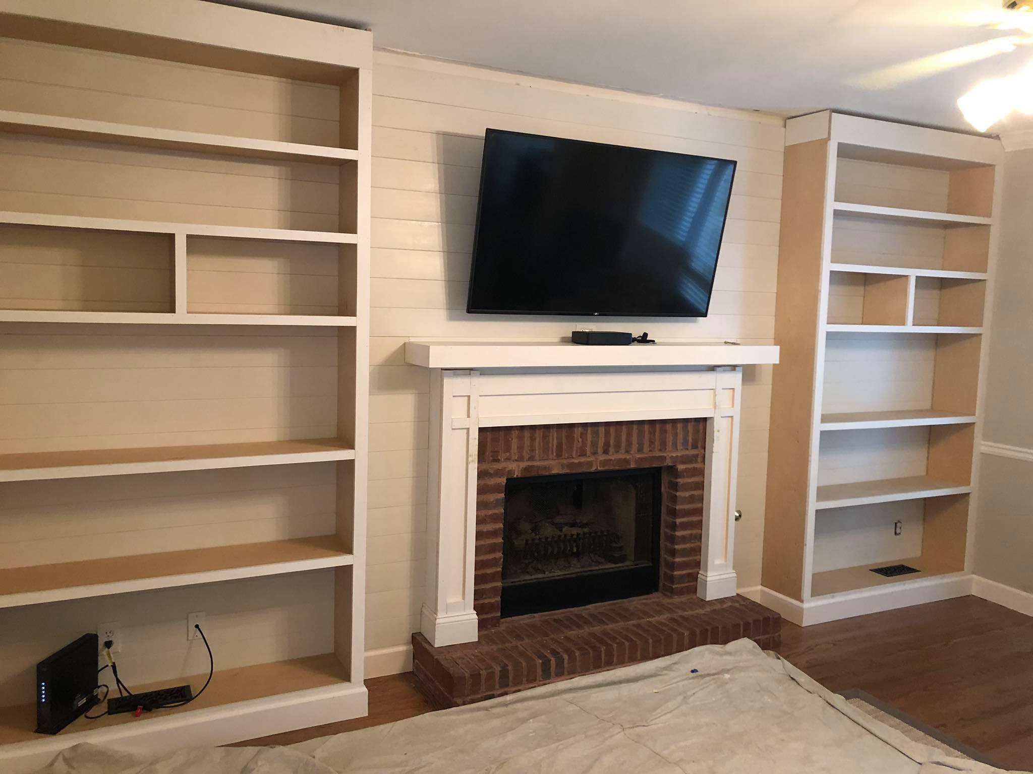 Fireplace Custom Wall High Built in Cabinets Shelves and Trim Painted White Installed 2