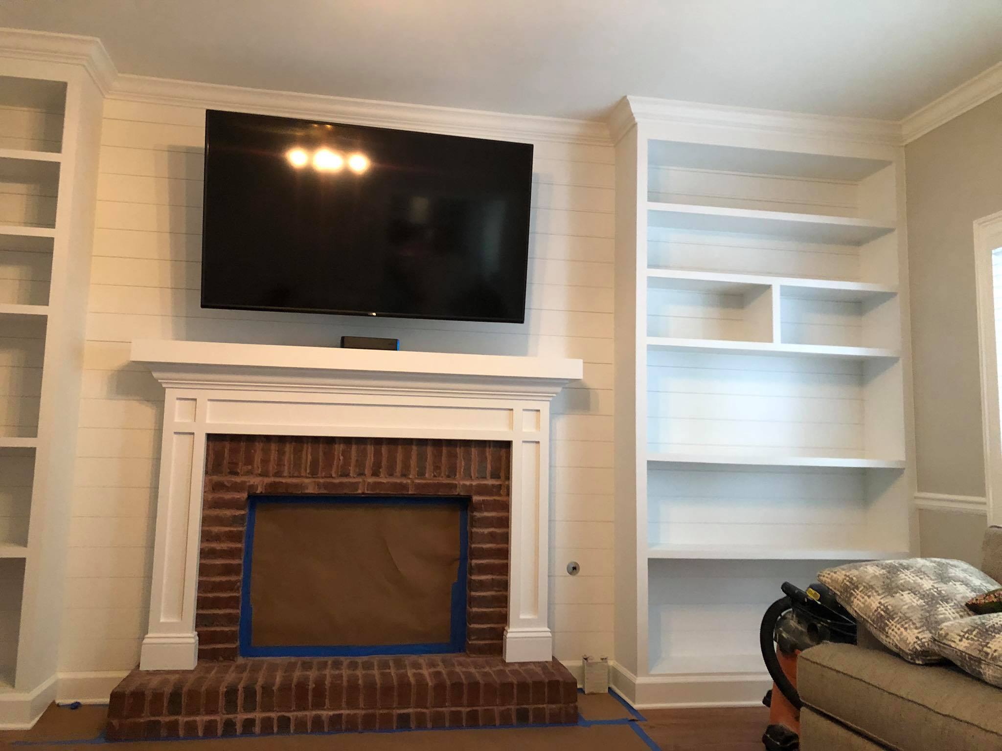 Fireplace Custom Wall High Built in Cabinets Shelves and Trim Painted White Installed 1