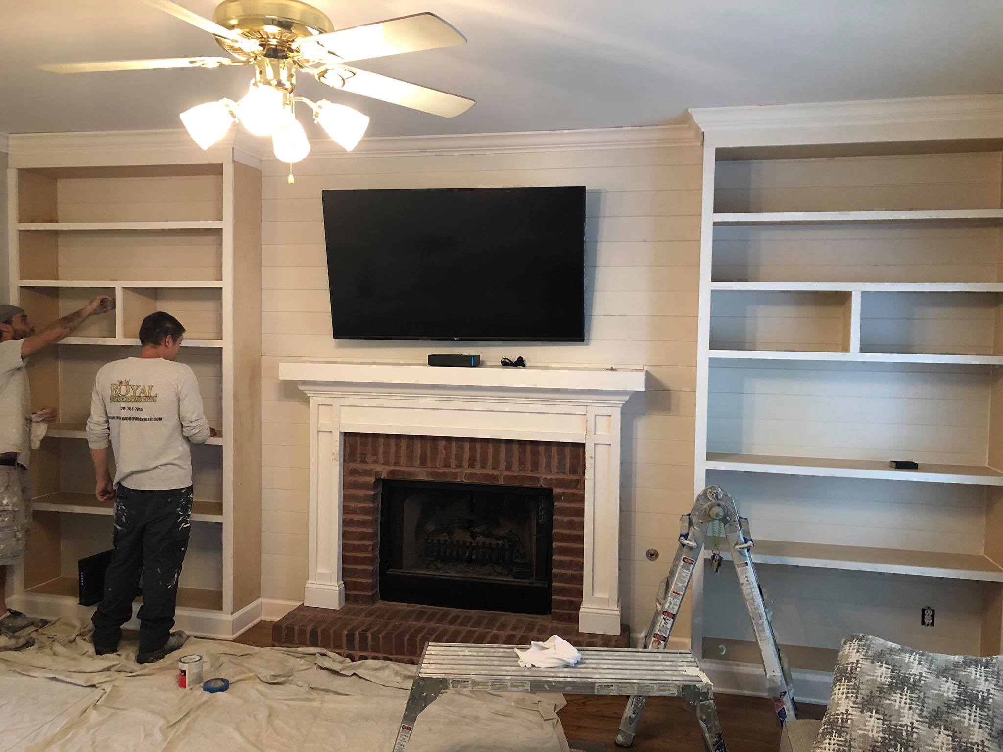 Fireplace Custom Wall High Built in Cabinets Shelves and Trim Painted White Installing 5