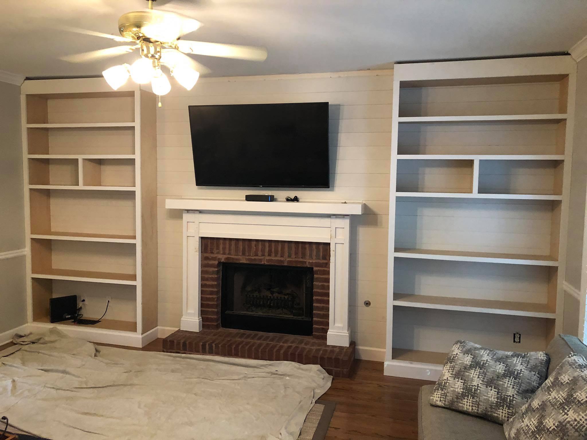 Fireplace Custom Wall High Built in Cabinets Shelves and Trim Painted White Installing 4