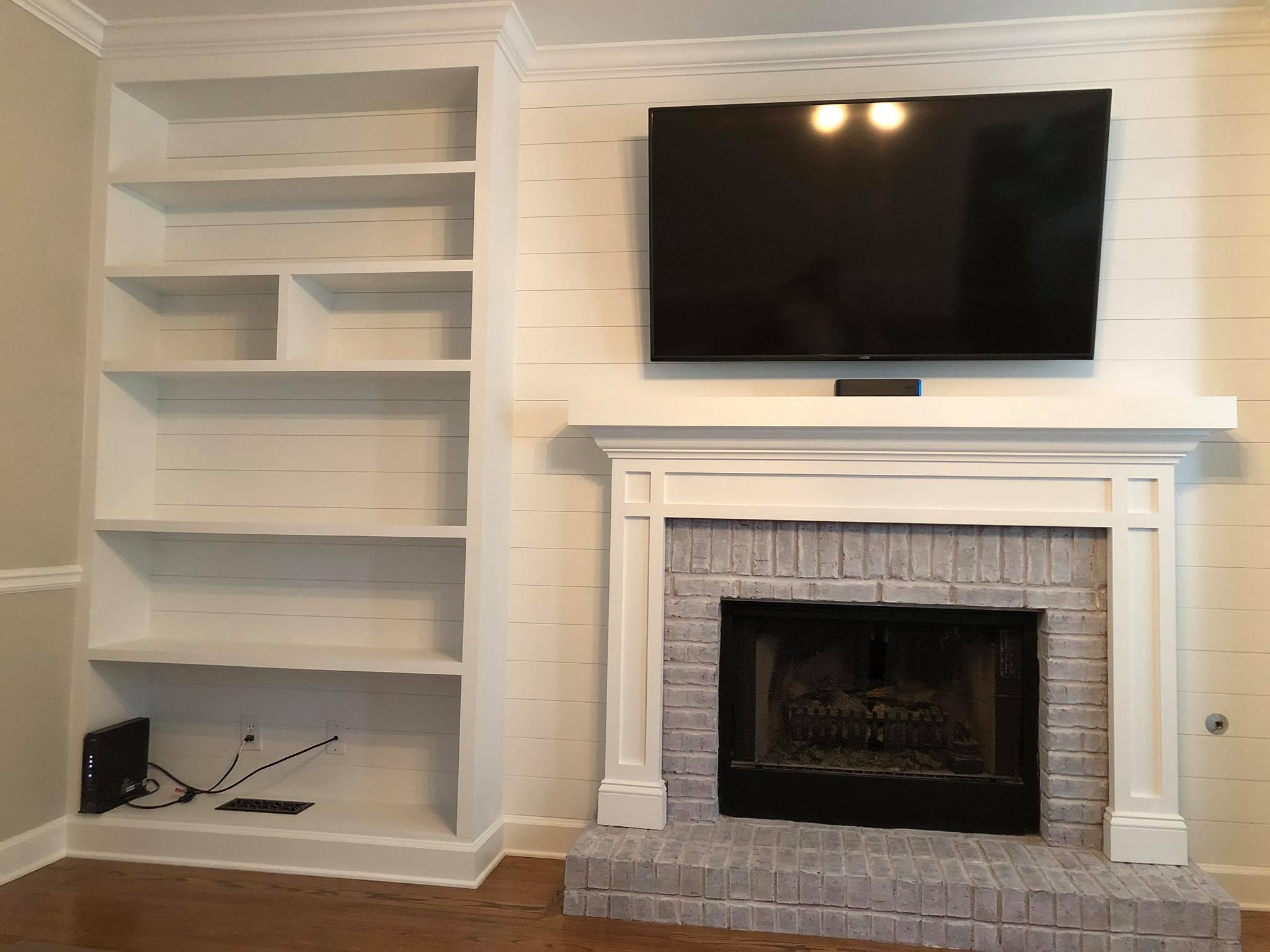 Fireplace Custom Wall High Built in Cabinets Shelves and Trim Painted White